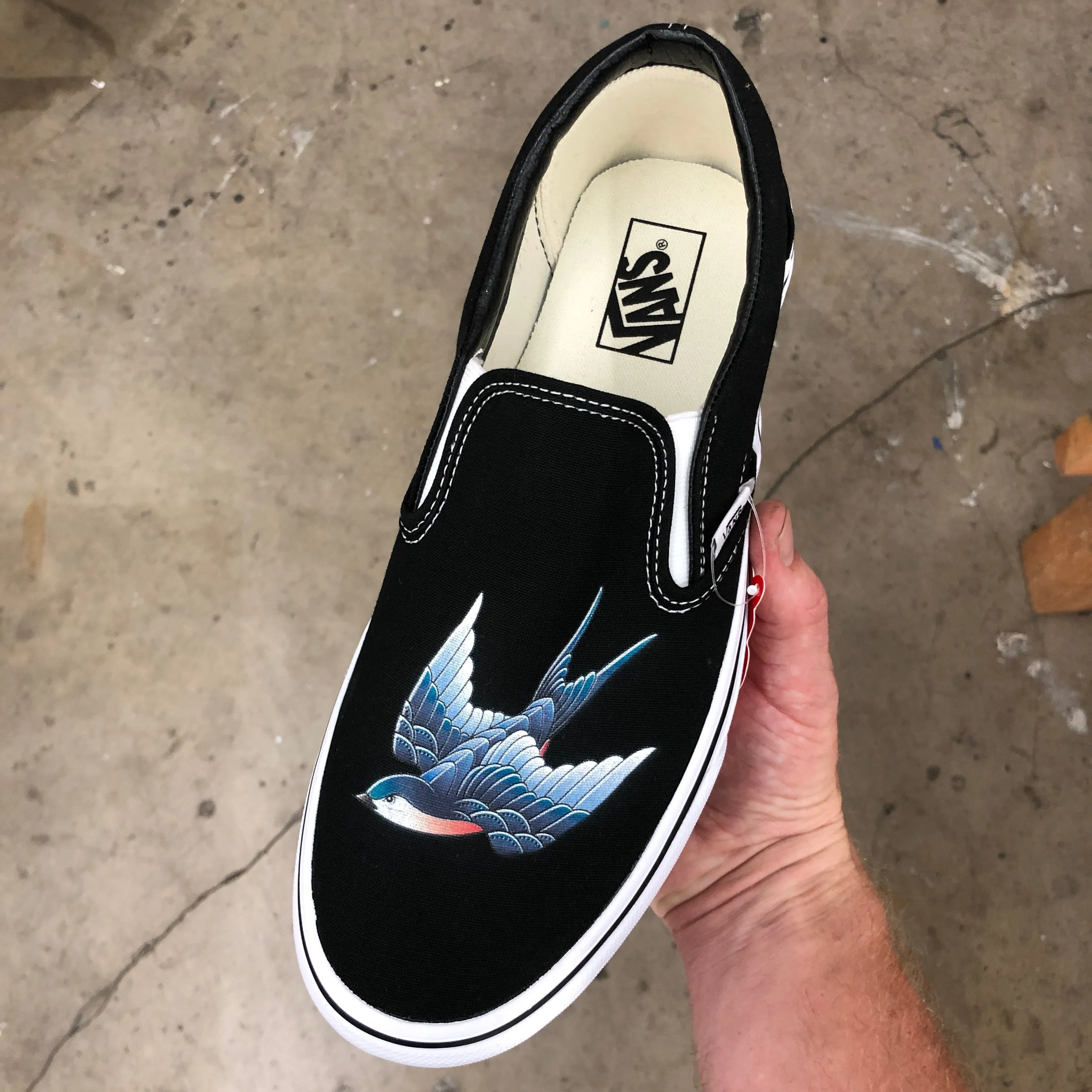 Blue & Pink Swallows - Custom Slip Ons - Custom Vans Shoes