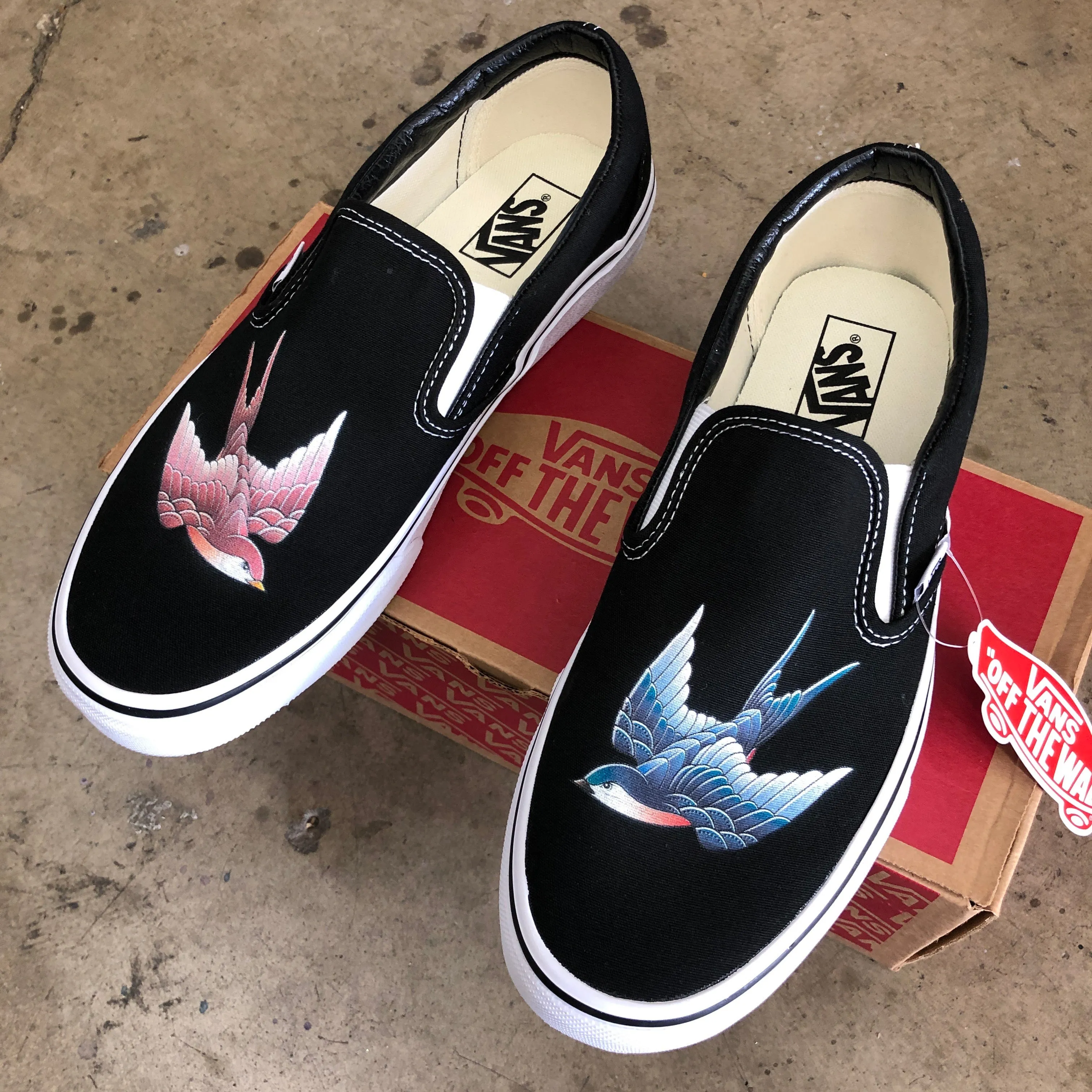 Blue & Pink Swallows - Custom Slip Ons - Custom Vans Shoes