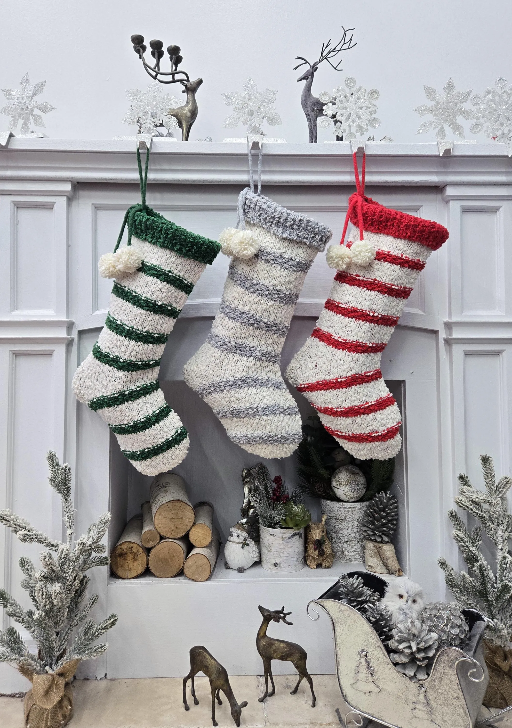 Bouclé Textured Christmas Stockings with Stripes and Pom Poms Red Green Grey Handmade Style Cute Whimsy Stocking Personalized Embroidered