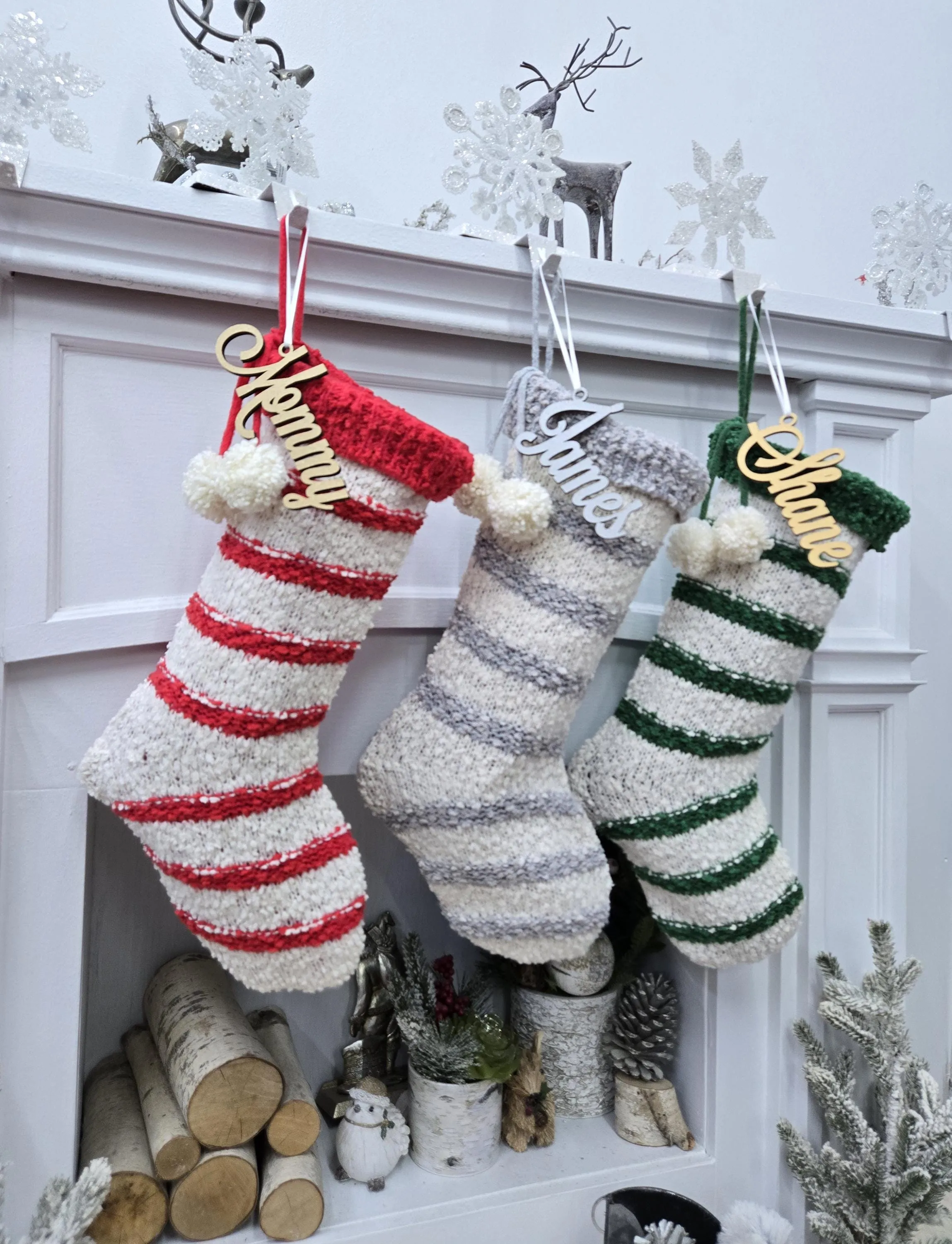 Bouclé Textured Christmas Stockings with Stripes and Pom Poms Red Green Grey Handmade Style Cute Whimsy Stocking Personalized Embroidered