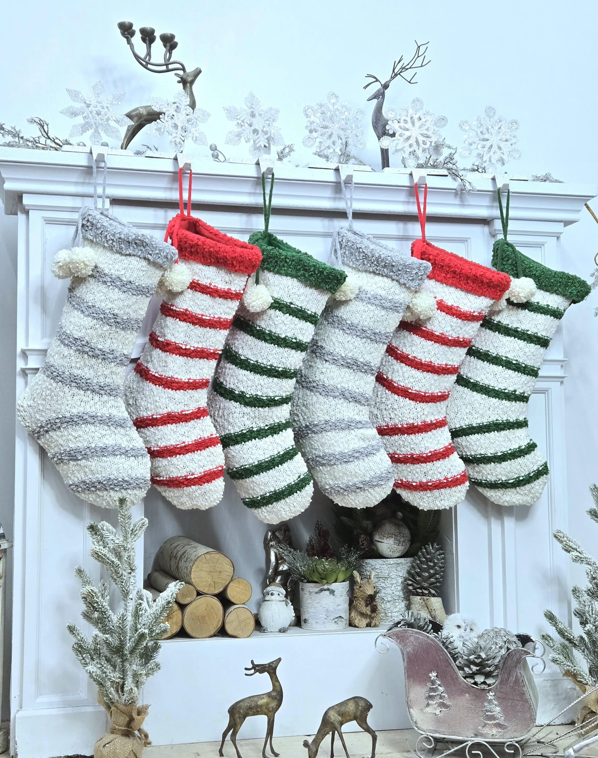 Bouclé Textured Christmas Stockings with Stripes and Pom Poms Red Green Grey Handmade Style Cute Whimsy Stocking Personalized Embroidered