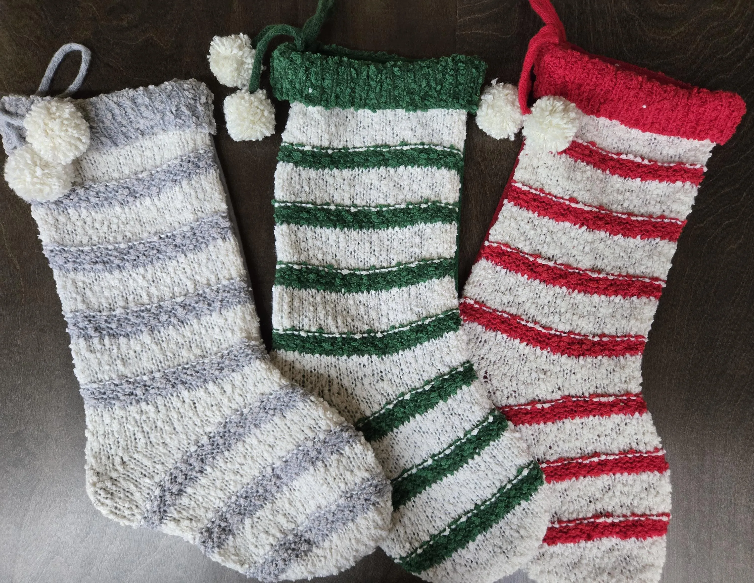 Bouclé Textured Christmas Stockings with Stripes and Pom Poms Red Green Grey Handmade Style Cute Whimsy Stocking Personalized Embroidered