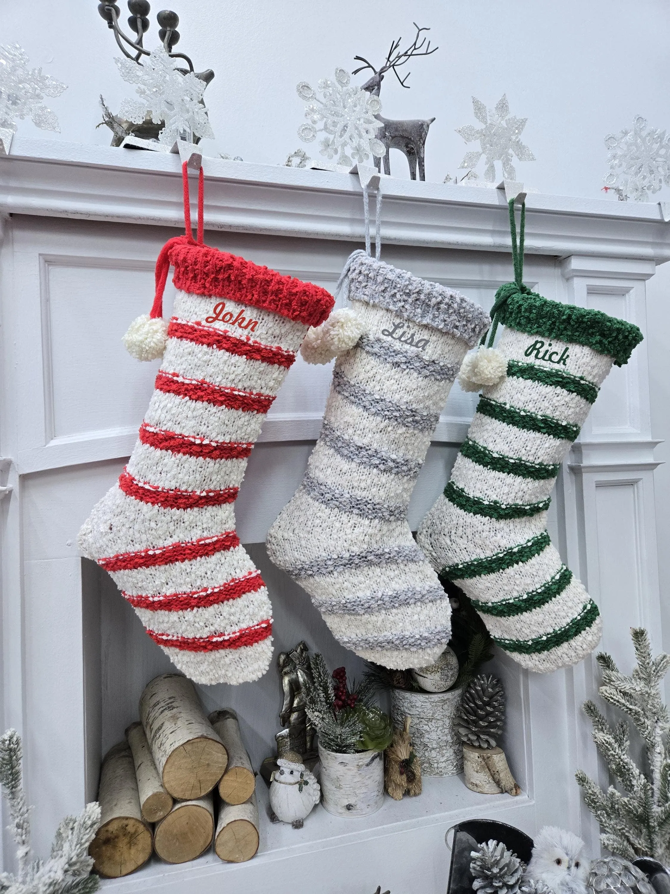 Bouclé Textured Christmas Stockings with Stripes and Pom Poms Red Green Grey Handmade Style Cute Whimsy Stocking Personalized Embroidered