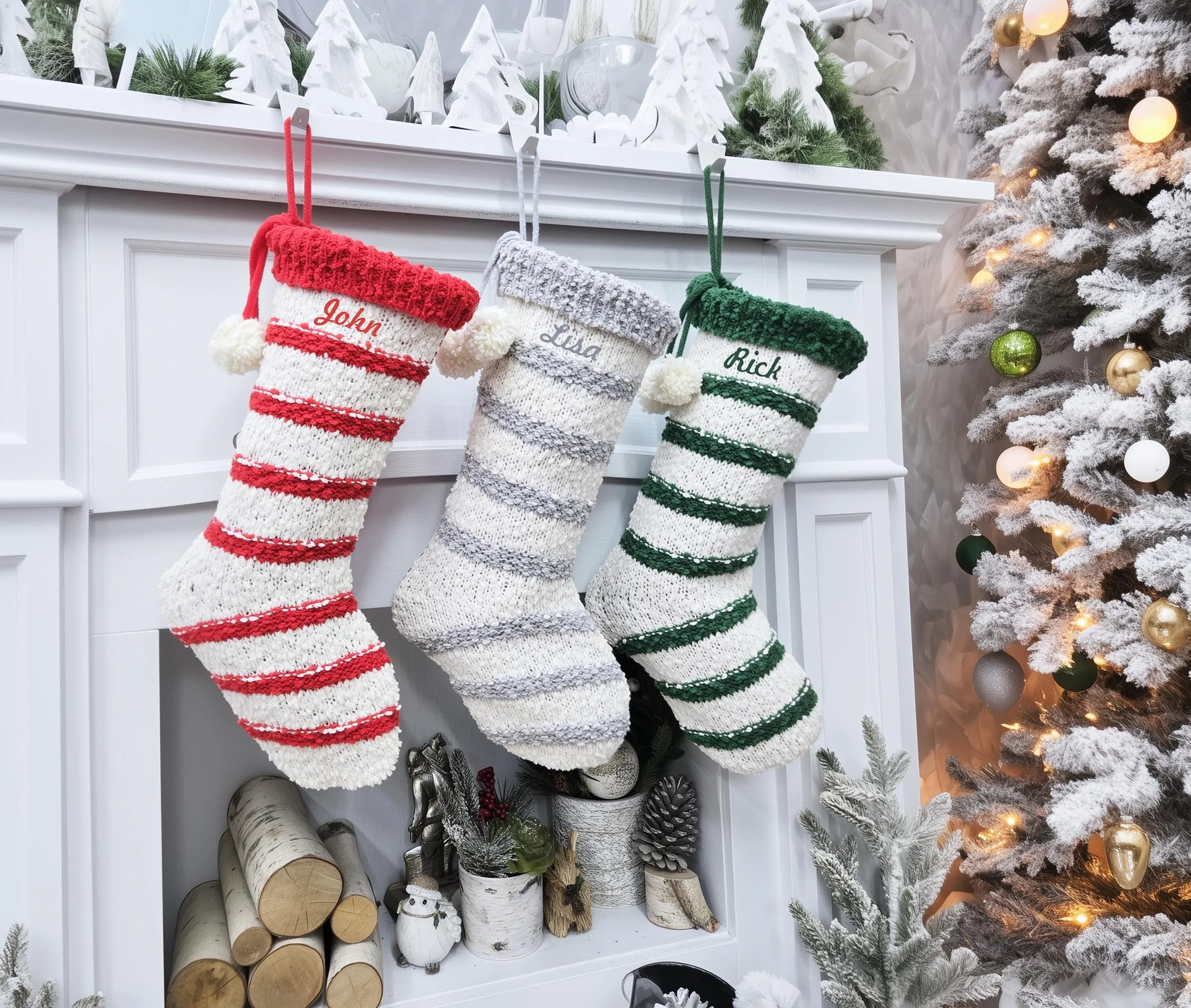 Bouclé Textured Christmas Stockings with Stripes and Pom Poms Red Green Grey Handmade Style Cute Whimsy Stocking Personalized Embroidered