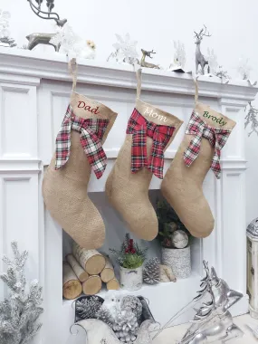 Burlap with Tartan Bow Christmas Stocking | Natural Jute Fibers Plaid Gaelic Highlands Stewart Scottish  Rustic Farmhouse Xmas Decor