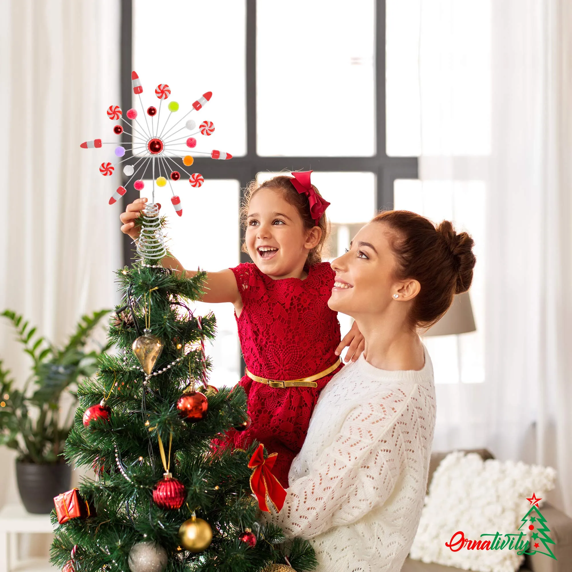 Candy Snowflake Tree Topper - Peppermint Candy Cane Snowflakes Christmas Tree Decorations