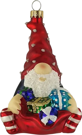 Christmas By Krebs Blown Glass  Collectible Tree Ornaments  (4" Gnome with Gift Bag)