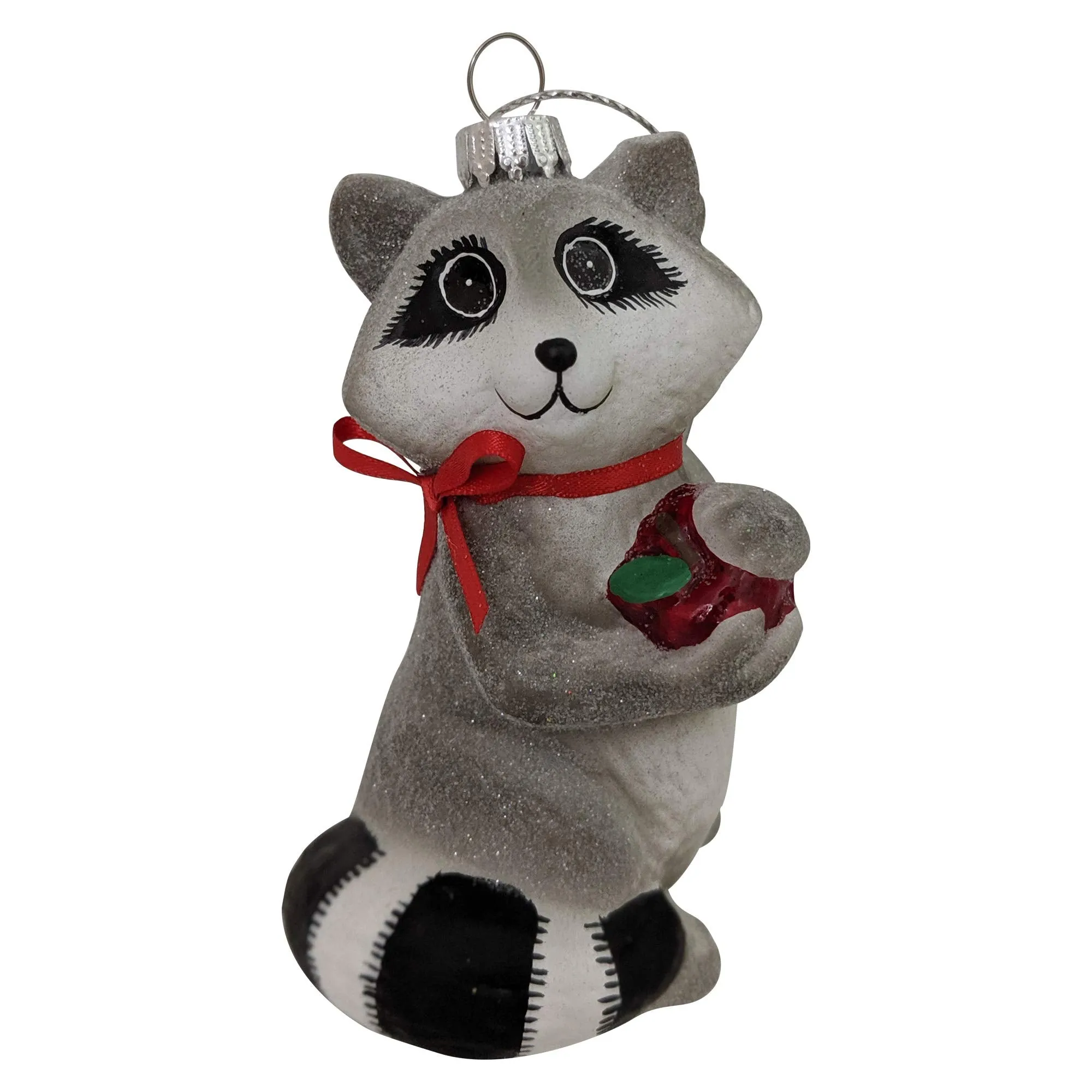 Christmas By Krebs Blown Glass  Collectible Tree Ornaments  (4" Racoon with Apple)