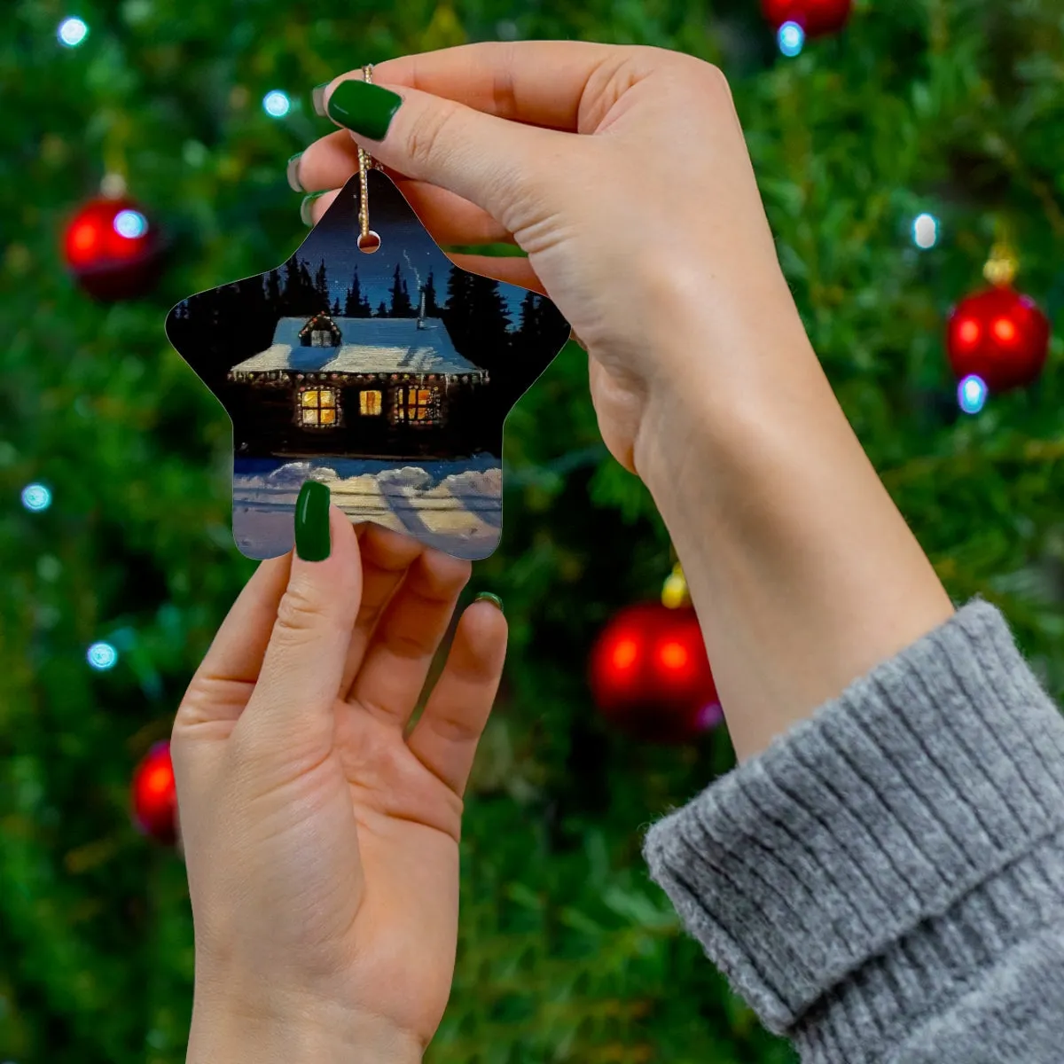 Christmas Cabin Ceramic Ornament, 4 Shapes