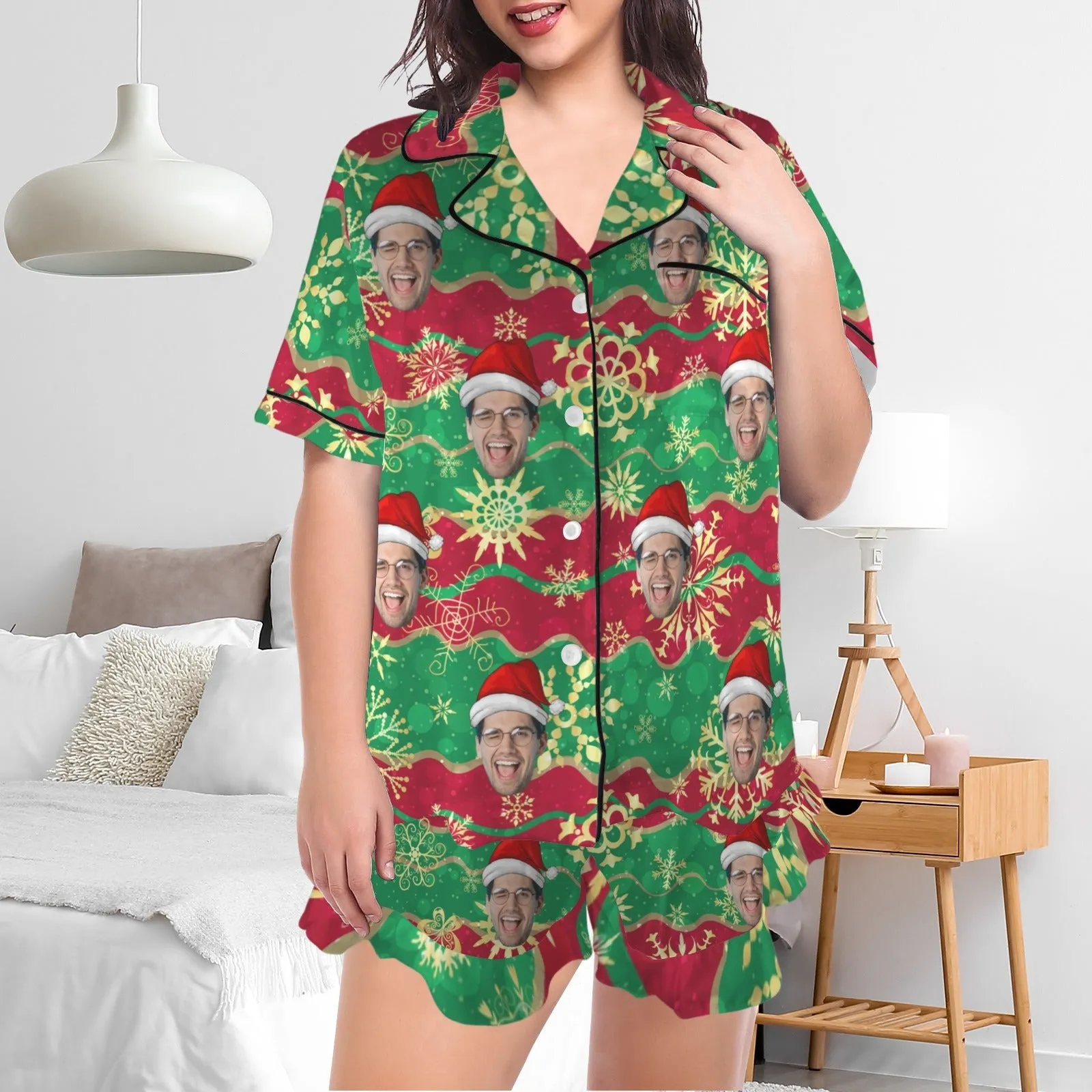 Couple Matching V-Neck Short Pajamas Custom Face Christmas Pajama Sets Sleepwear Loungewear