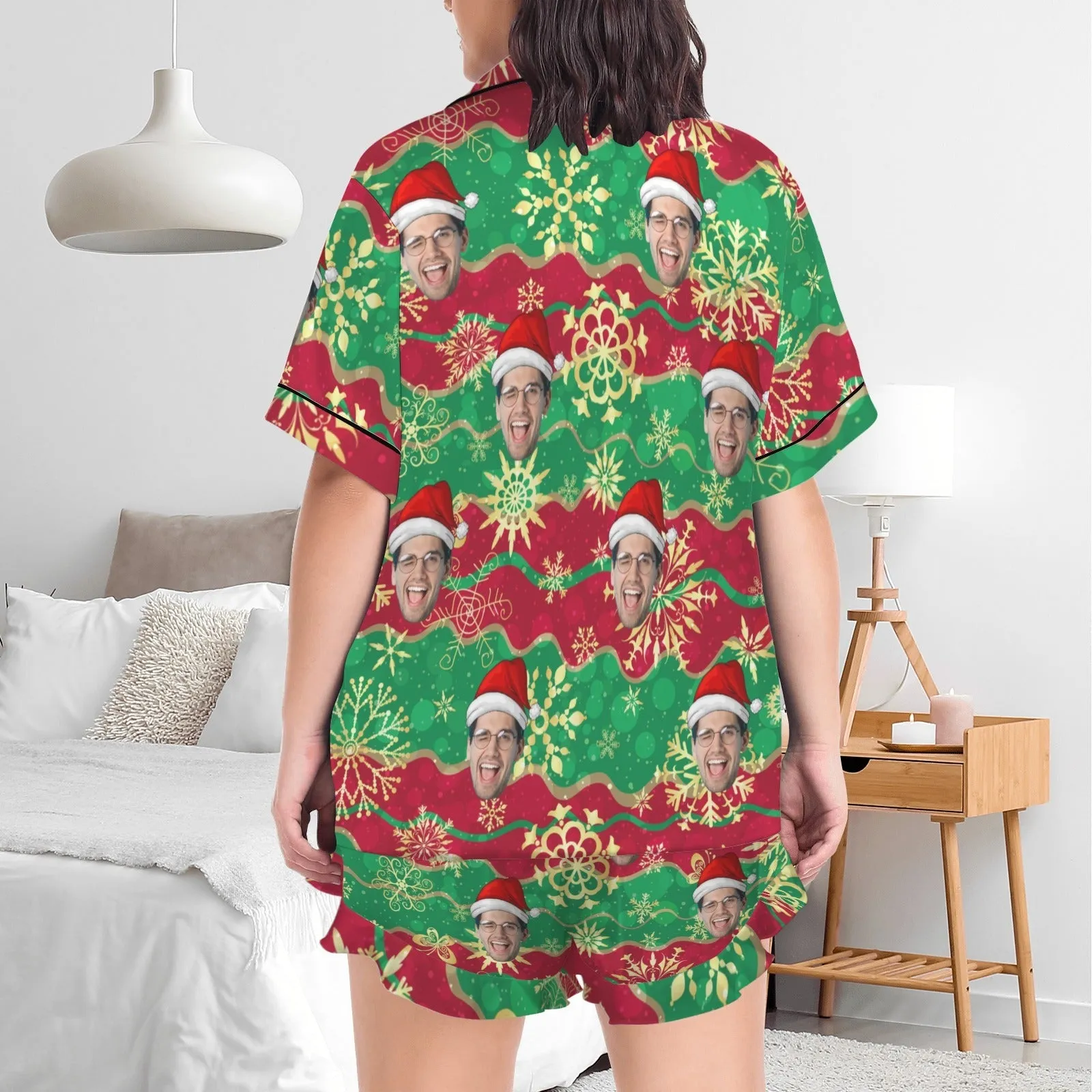 Couple Matching V-Neck Short Pajamas Custom Face Christmas Pajama Sets Sleepwear Loungewear