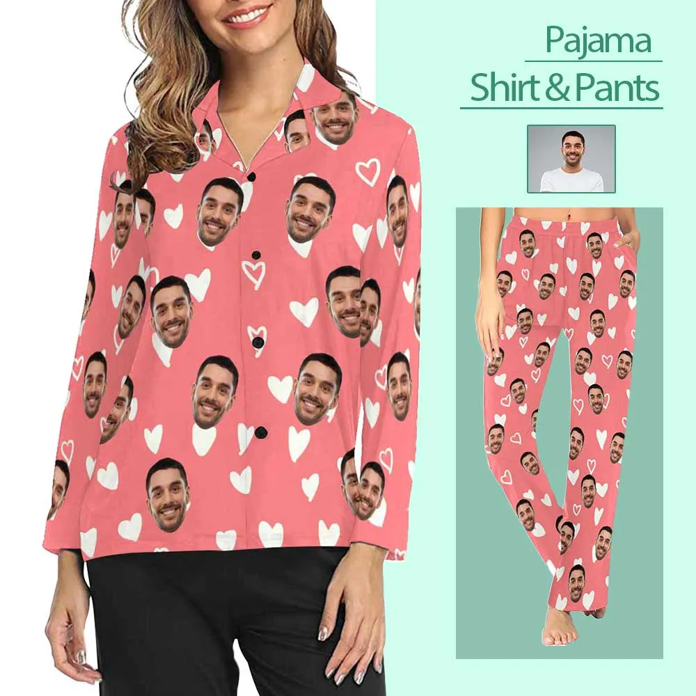 Custom Boyfriend Face Pajamas Heart Pink Background Personalized Women's Slumber Party Long Pajama Set Shirt&Pants