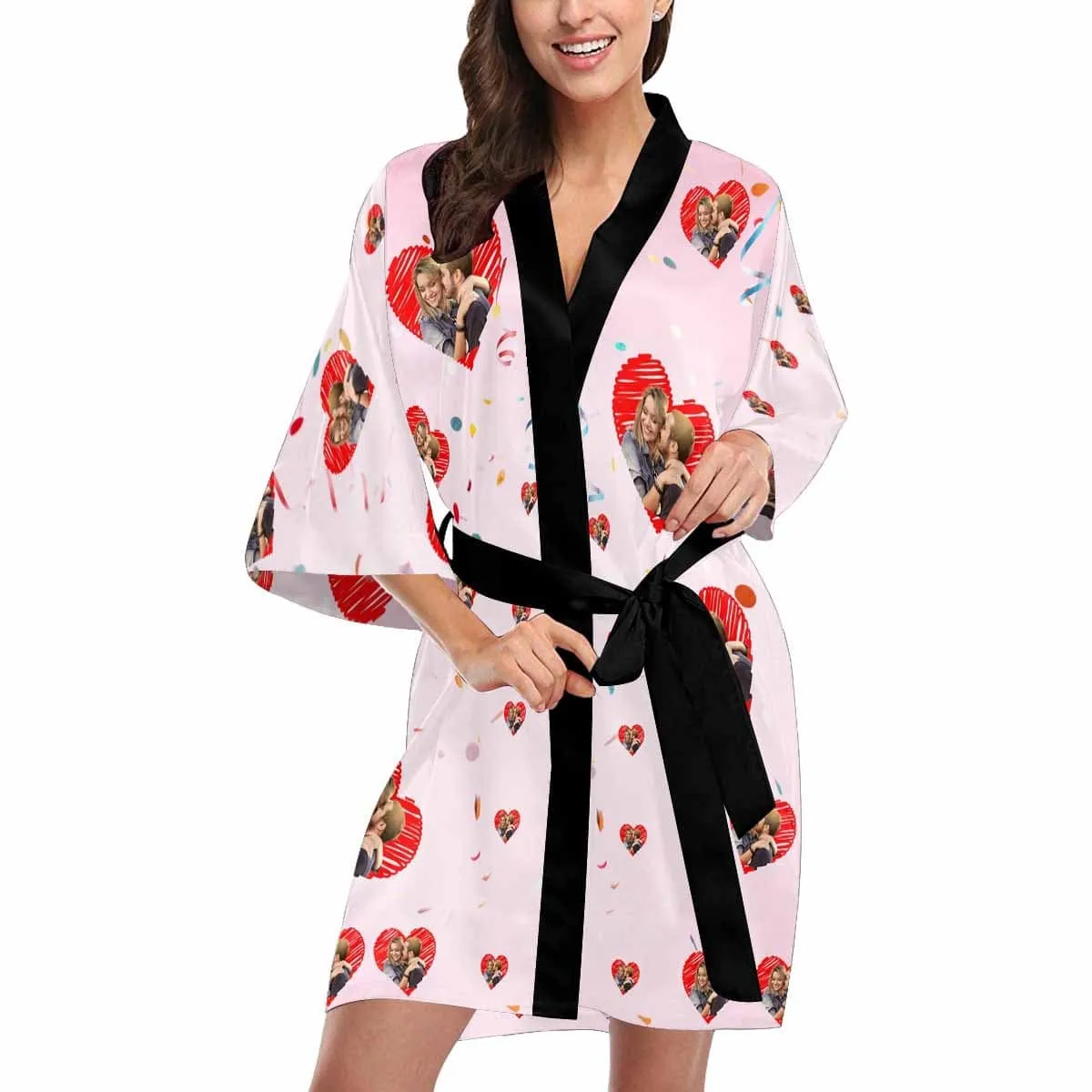 Custom Couple Face Love Heart Women's Short Pajamas Personalized Photo Pajamas Kimono Robe