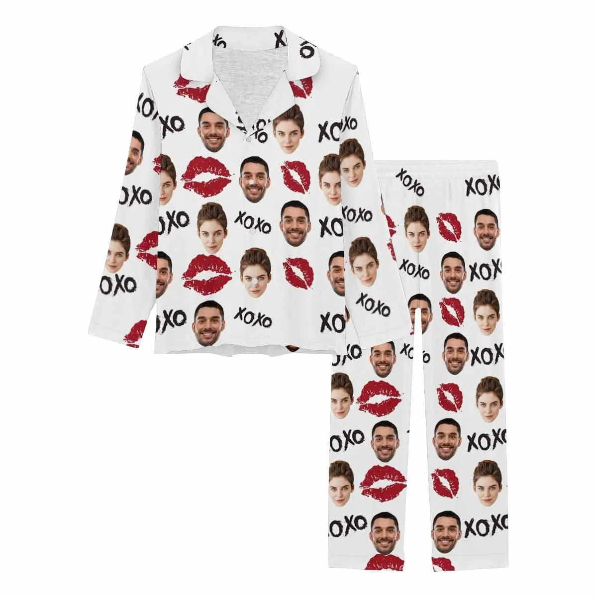 Custom Couple Face Pajamas Red Lips Sleepwear Personalized Women's Slumber Party Long Pajama Set