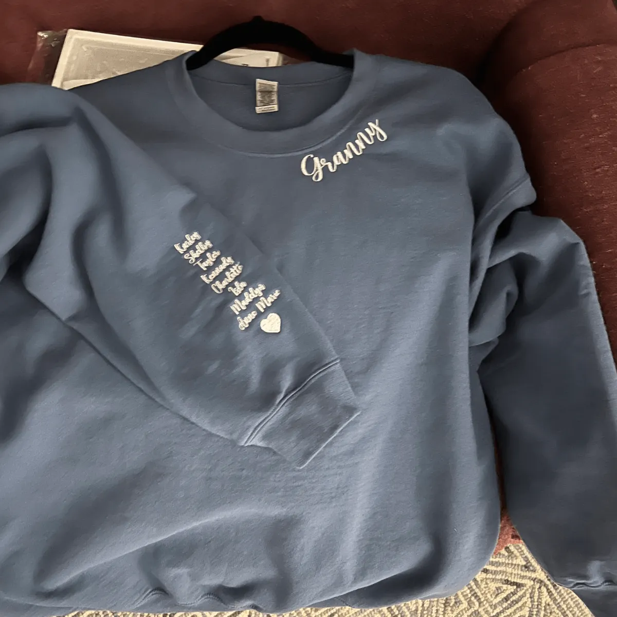 Custom Embroidered Granny Sweatshirt with GrandKids Names on Sleeve