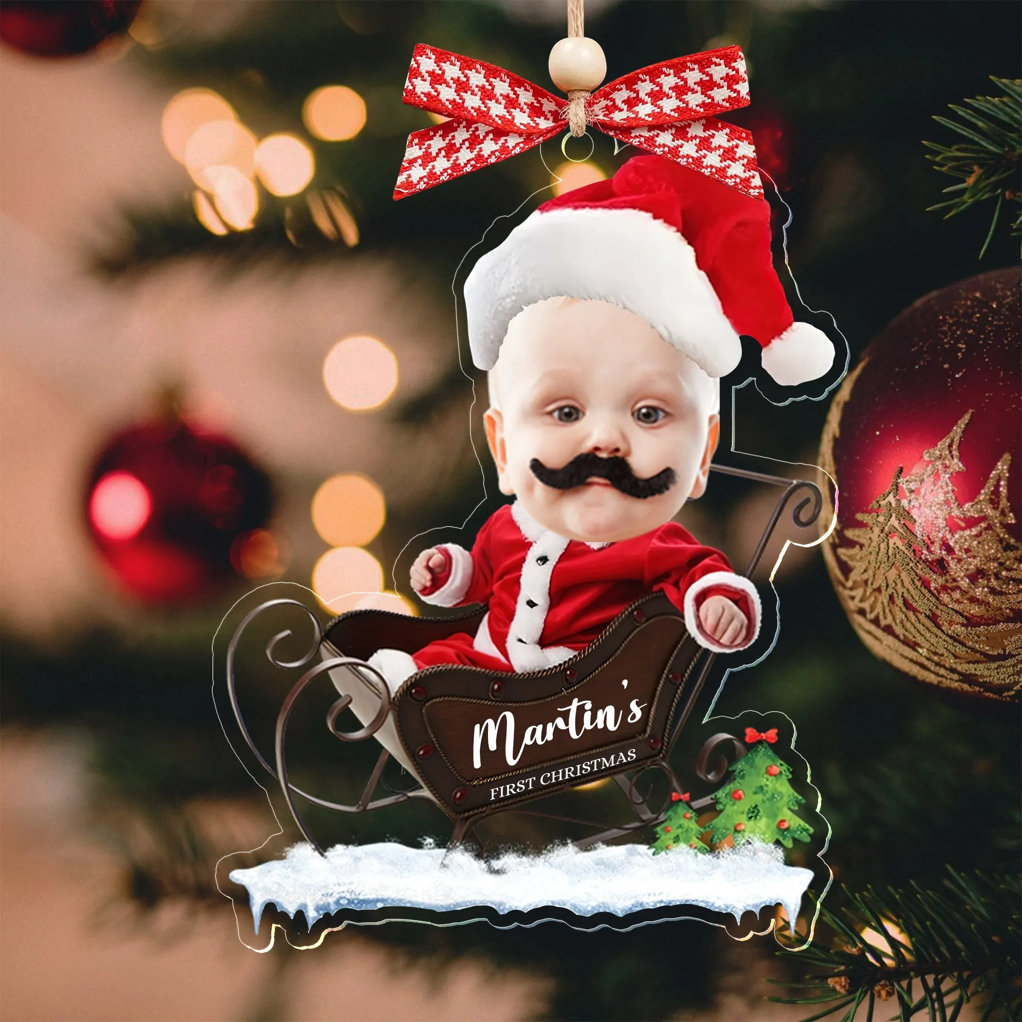 Custom Name Baby Santa Sleigh Christmas Tree Ornament - Custom Baby's First Christmas Keepsake CF629