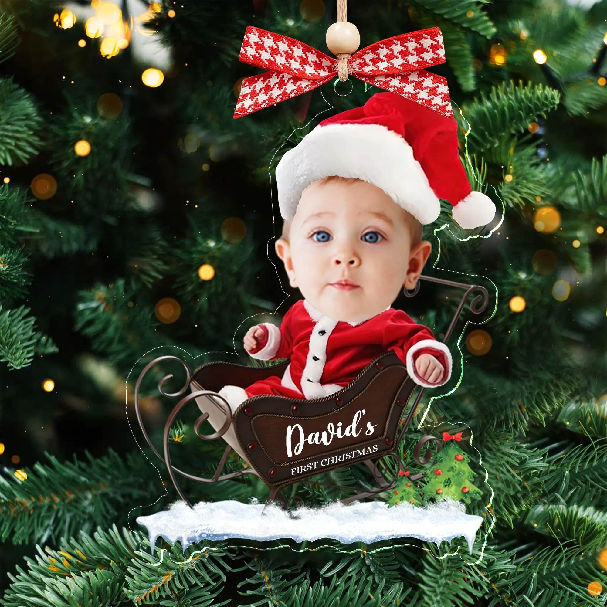 Custom Name Baby Santa Sleigh Christmas Tree Ornament - Custom Baby's First Christmas Keepsake CF629