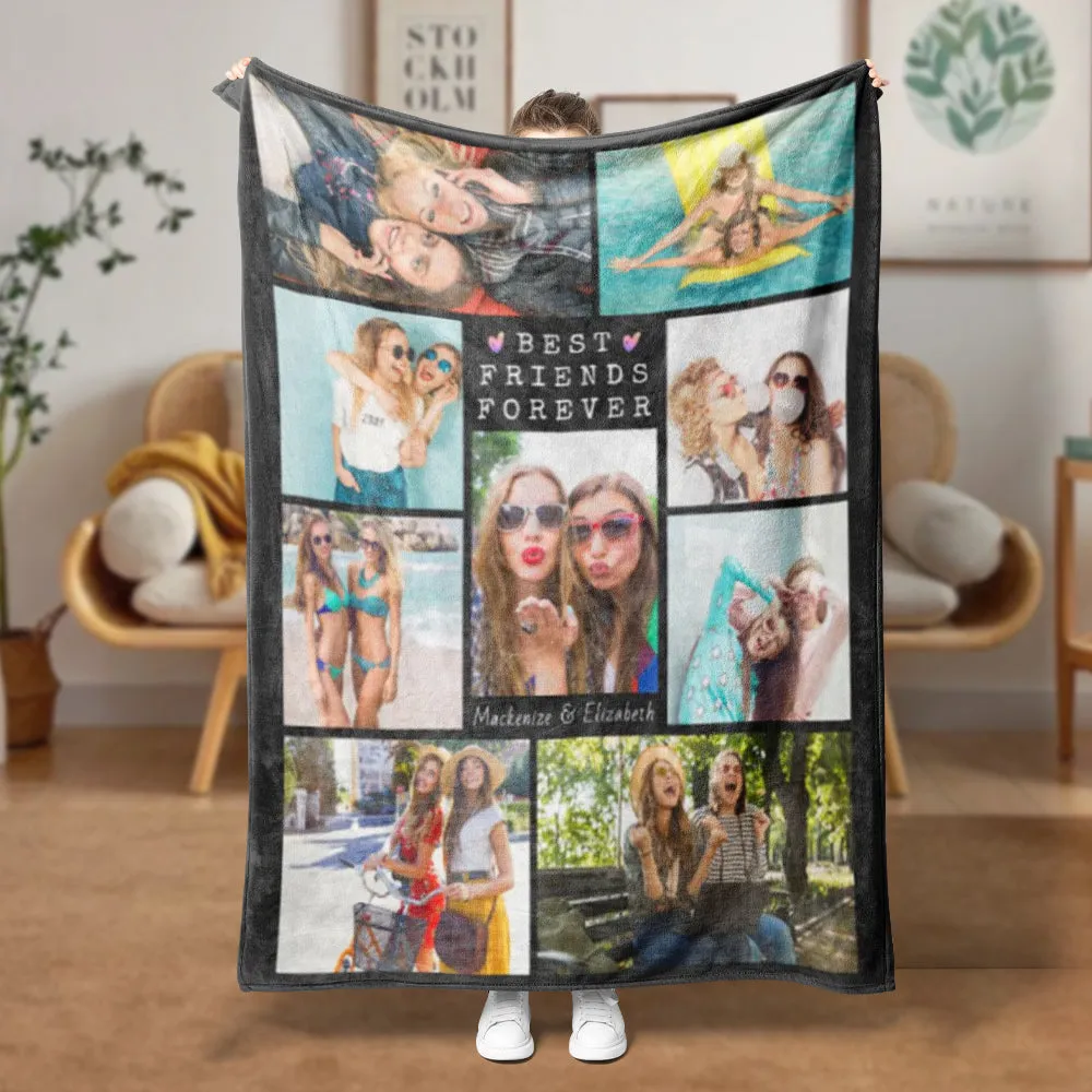 Custom Names 9 Photos Fleece Blanket Gift BEST FRIENDS FOREVER