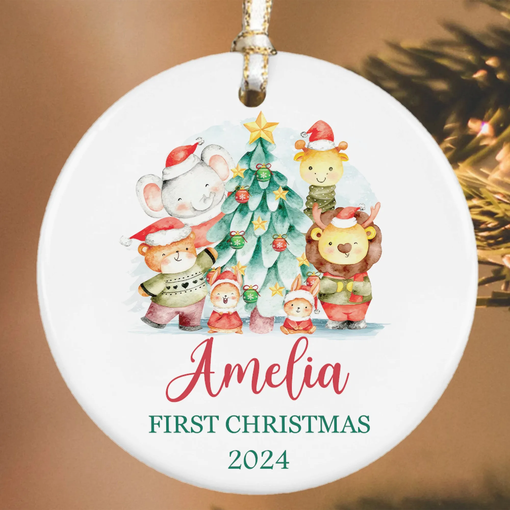 Customized First Christmas Baby Ornament, Personalized Woodland Creatures 3 Inch Ceramic Christmas Ornament, Holiday Keepsake Ornament, Gift For Baby CX02-61