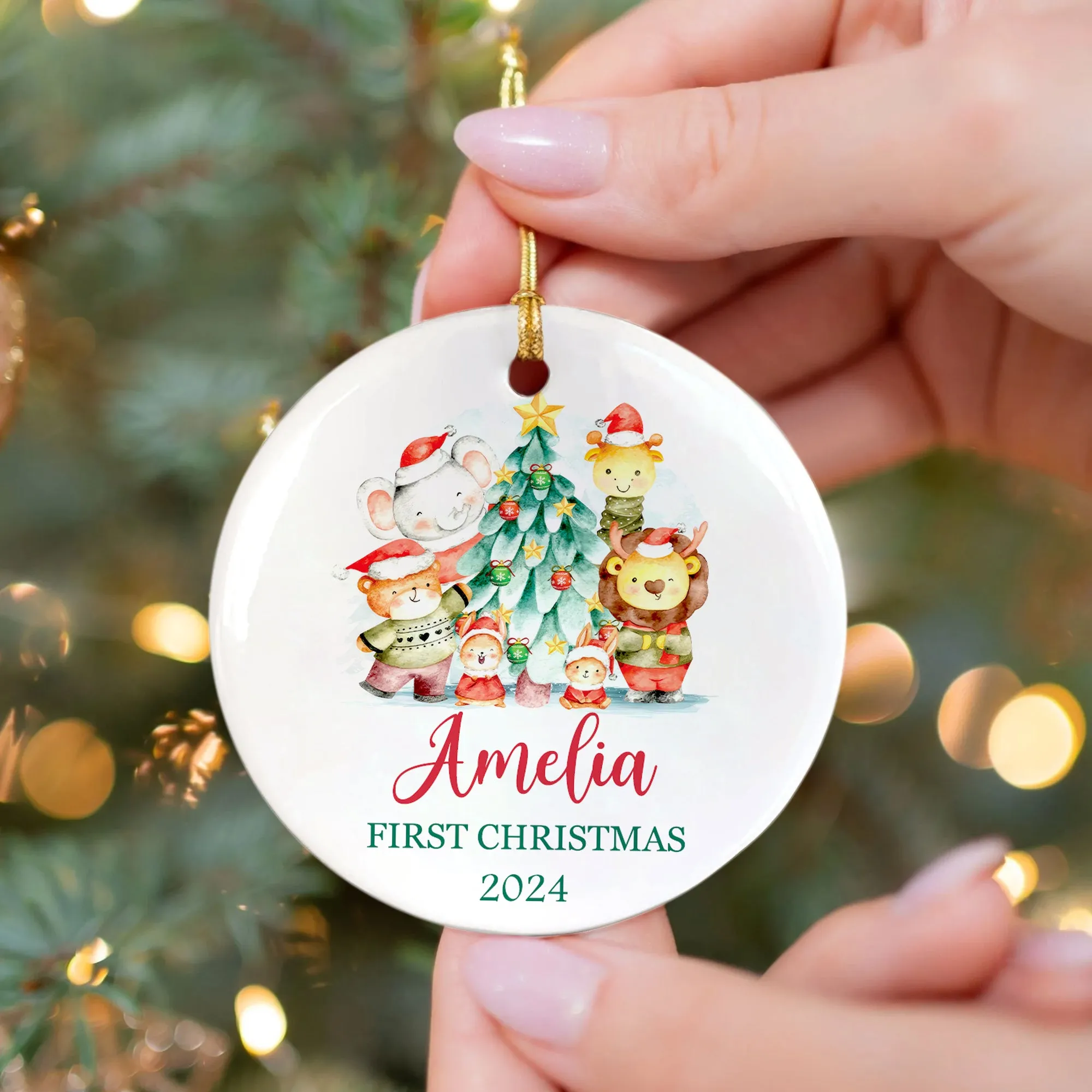 Customized First Christmas Baby Ornament, Personalized Woodland Creatures 3 Inch Ceramic Christmas Ornament, Holiday Keepsake Ornament, Gift For Baby CX02-61