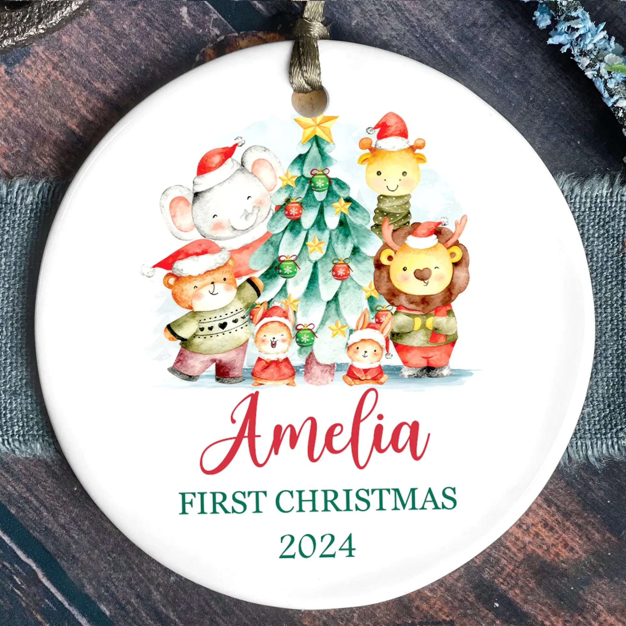 Customized First Christmas Baby Ornament, Personalized Woodland Creatures 3 Inch Ceramic Christmas Ornament, Holiday Keepsake Ornament, Gift For Baby CX02-61