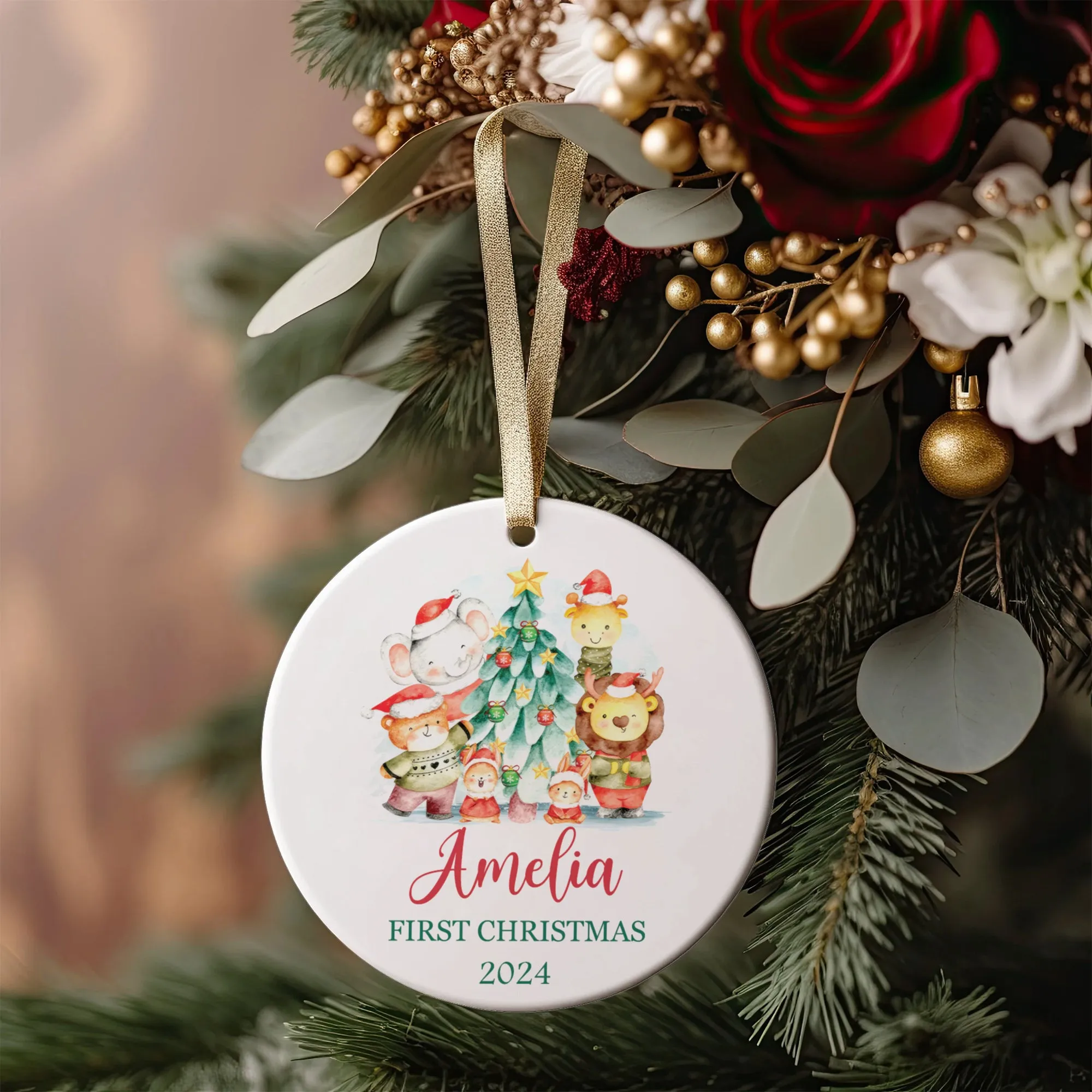 Customized First Christmas Baby Ornament, Personalized Woodland Creatures 3 Inch Ceramic Christmas Ornament, Holiday Keepsake Ornament, Gift For Baby CX02-61