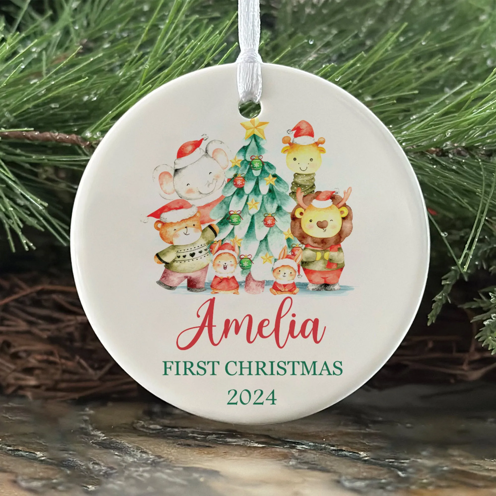 Customized First Christmas Baby Ornament, Personalized Woodland Creatures 3 Inch Ceramic Christmas Ornament, Holiday Keepsake Ornament, Gift For Baby CX02-61