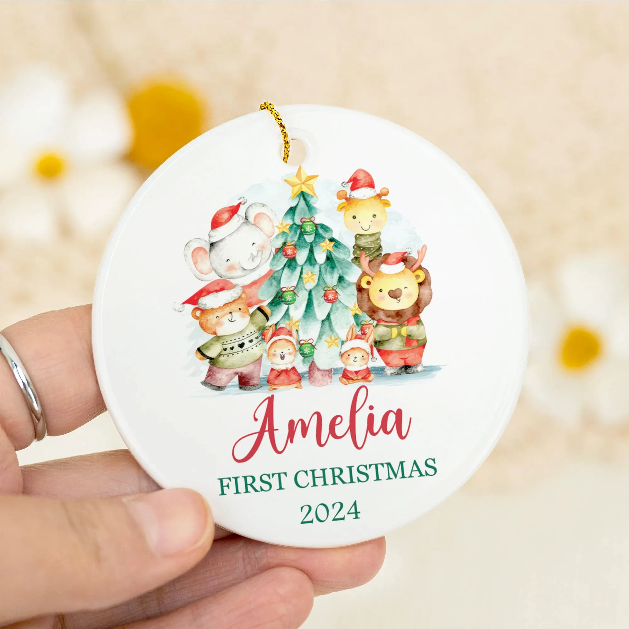 Customized First Christmas Baby Ornament, Personalized Woodland Creatures 3 Inch Ceramic Christmas Ornament, Holiday Keepsake Ornament, Gift For Baby CX02-61