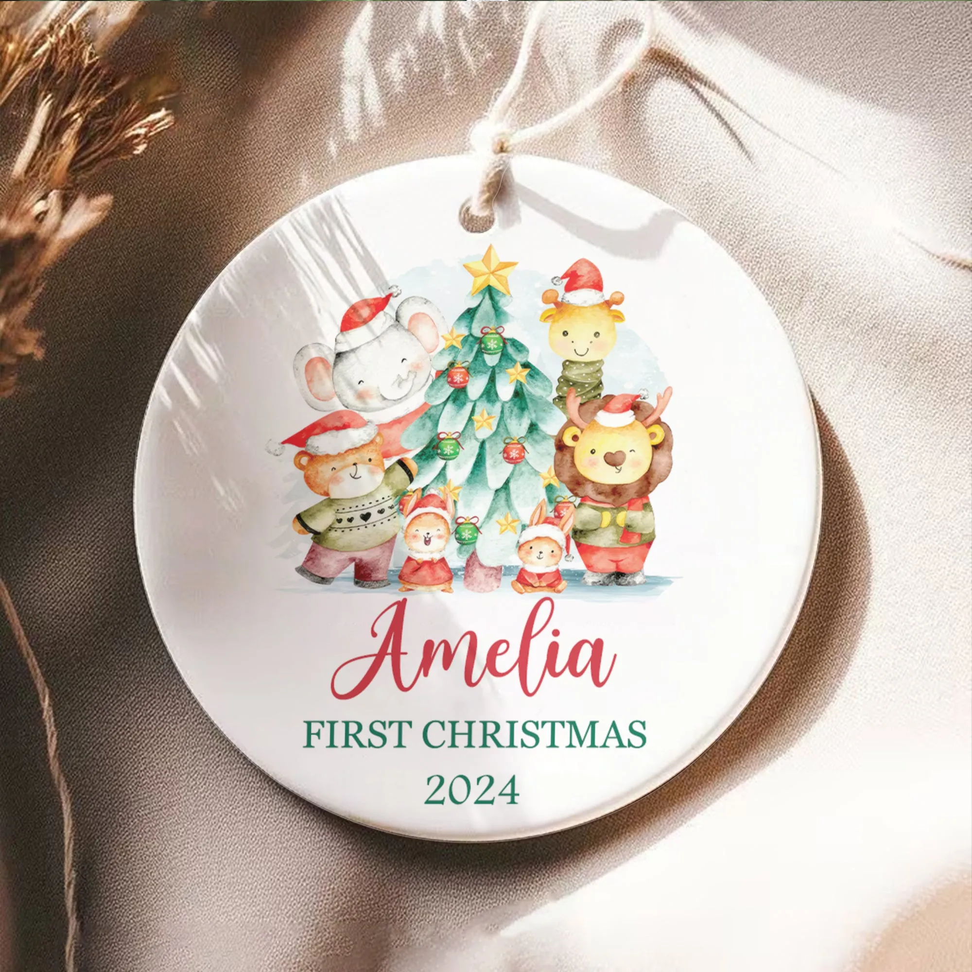 Customized First Christmas Baby Ornament, Personalized Woodland Creatures 3 Inch Ceramic Christmas Ornament, Holiday Keepsake Ornament, Gift For Baby CX02-61