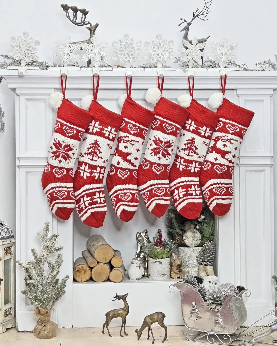 Embroidered Red White Fair Isle Personalized 20" Knitted Christmas Stockings Intarsia Knit Modern Snowflake Reindeer Tree Pom Pom Kids Xmas