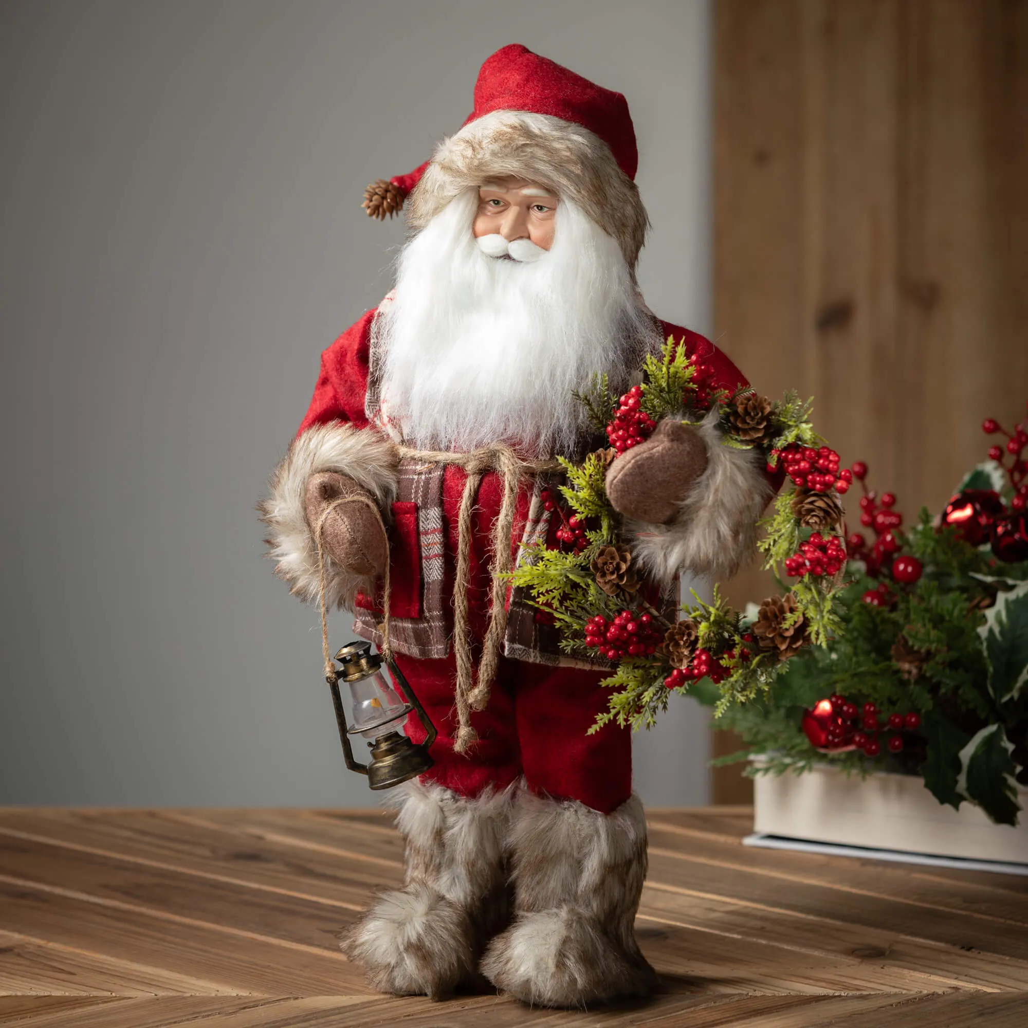 Fur Plaid Rustic Santa Figure