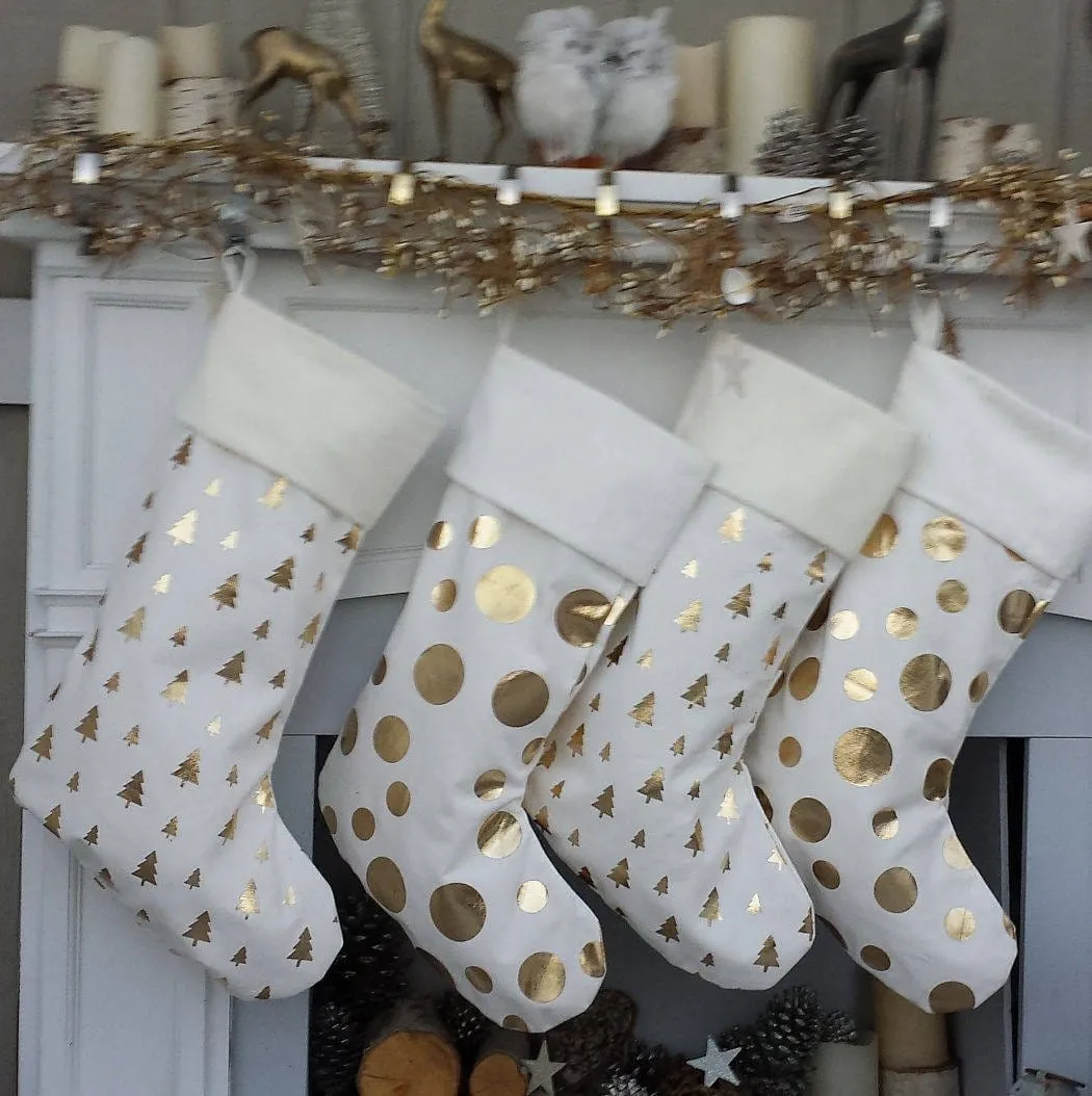 Glam Dots Trees GOLD FOIL Ivory White Elegant Christmas Stockings - Personalized with Names in Holiday Metallic Embroidery  -  Modern Trendy