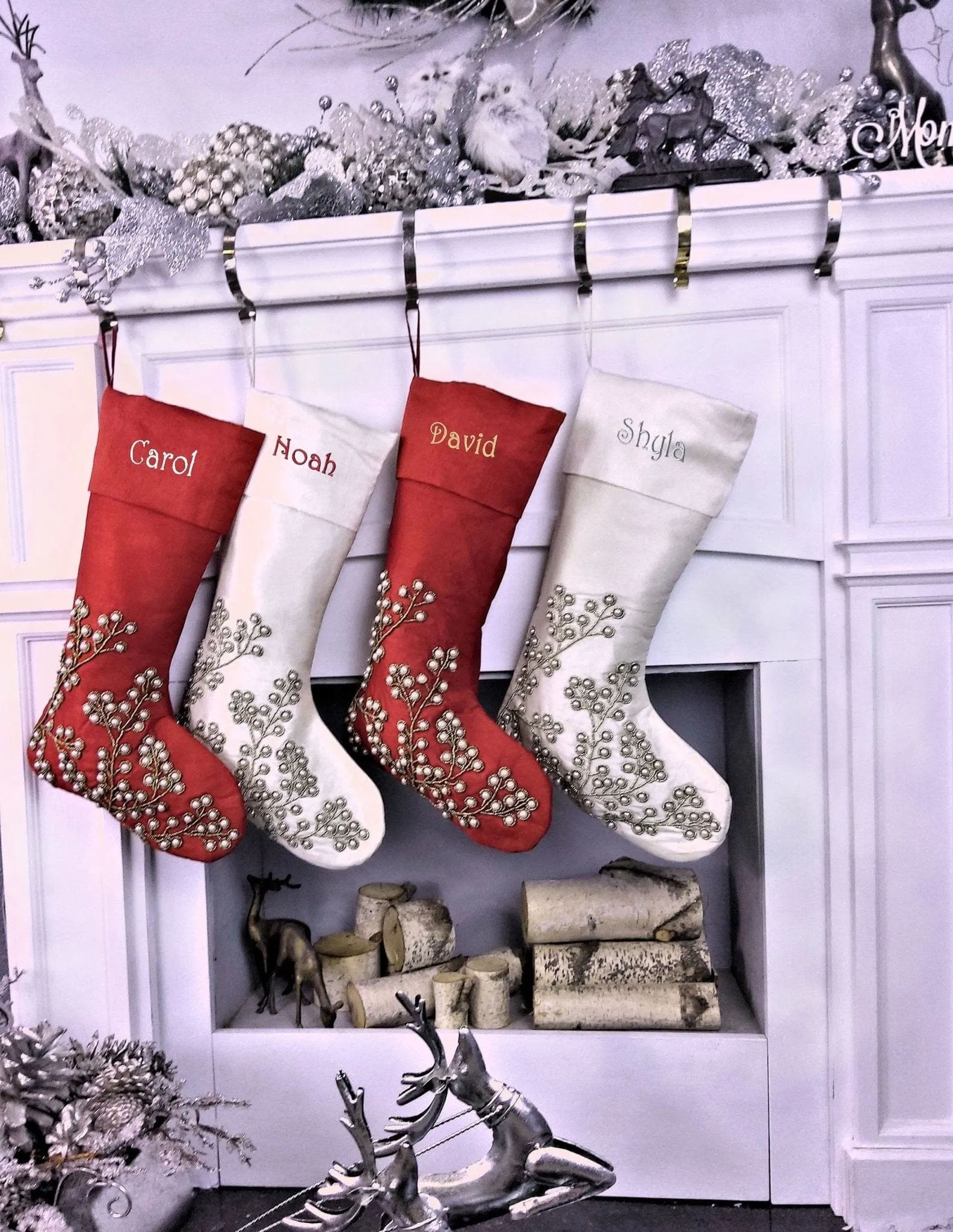 Gorgeous Pearl Beads Personalized Christmas Stockings Ivory Dark Red 21"  Gorgeous Beaded Holiday Stocking Embroidered Names Modern Elegant