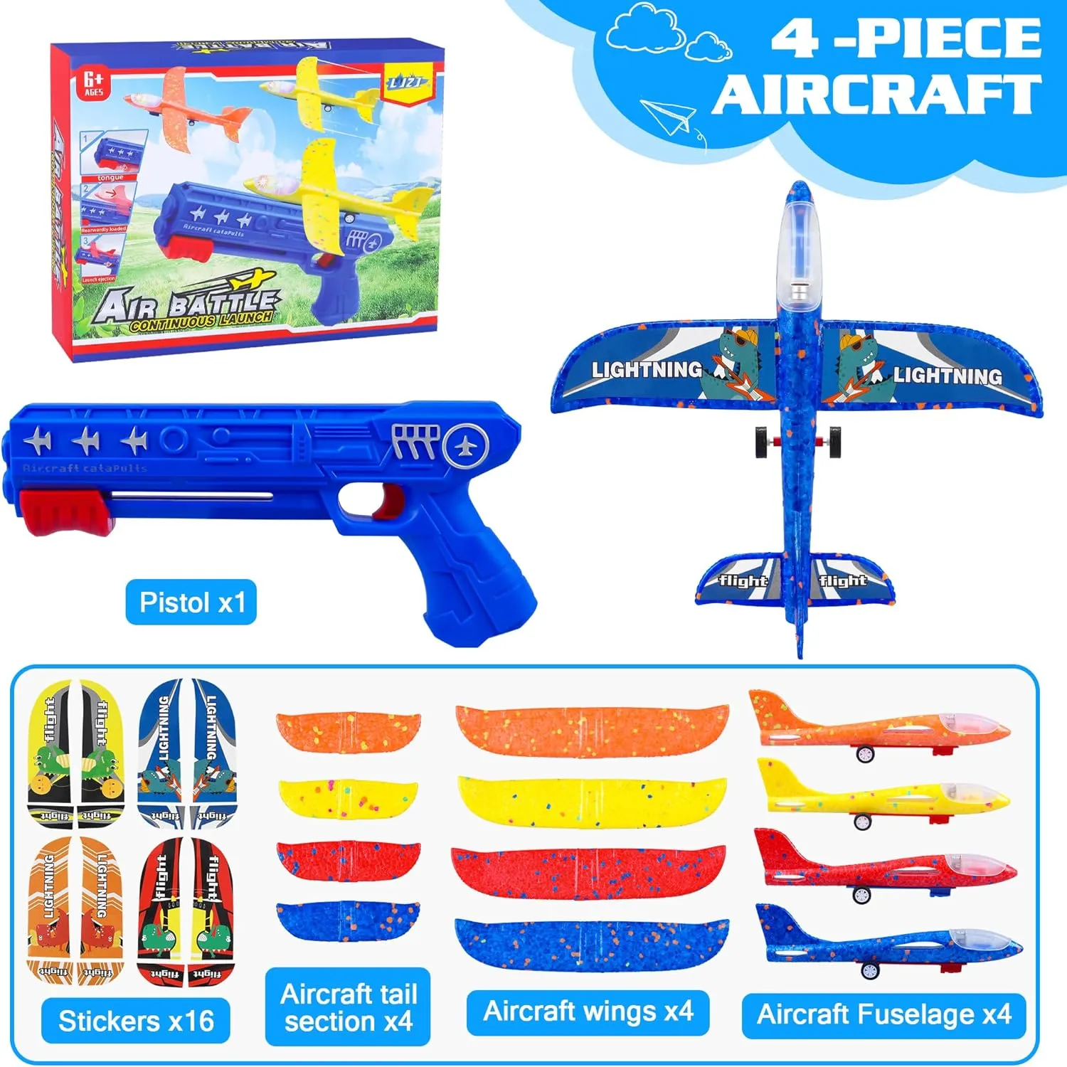 ITEM# 0201   4 Pack Airplane Launcher Toys, 2 Flight Modes LED Foam Glider Catapult Plane, Outdoor Flying Toy (Watch Video)