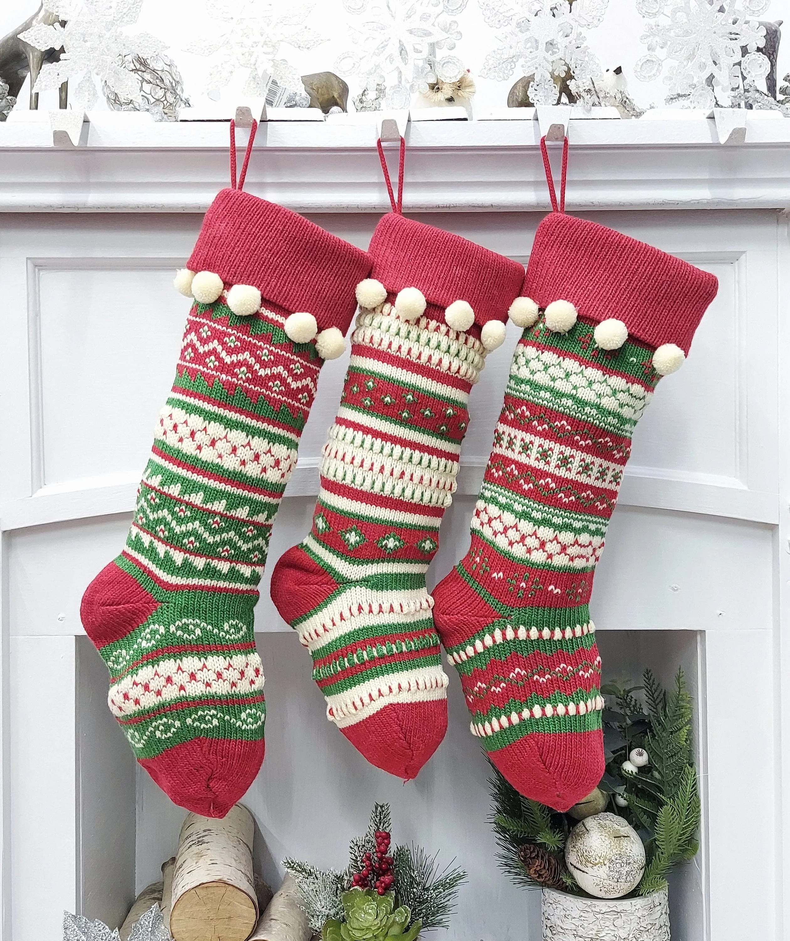 Ivory/Red/Green Knitted Christmas Stockings | Snowflakes Presents Tree Traditional Festive Fun Xmas Decor Personalized Embroidered Name