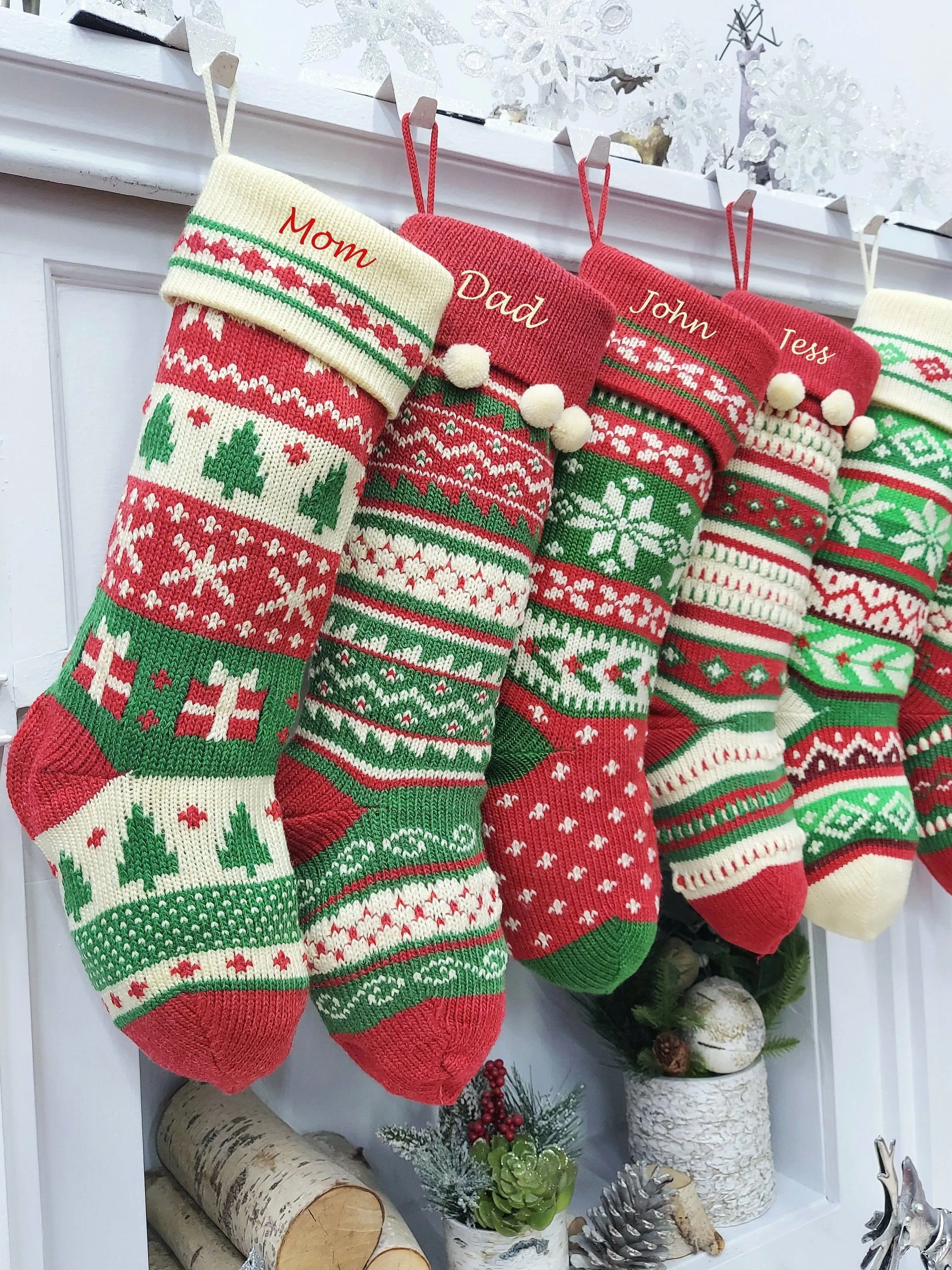 Ivory/Red/Green Knitted Christmas Stockings | Snowflakes Presents Tree Traditional Festive Fun Xmas Decor Personalized Embroidered Name