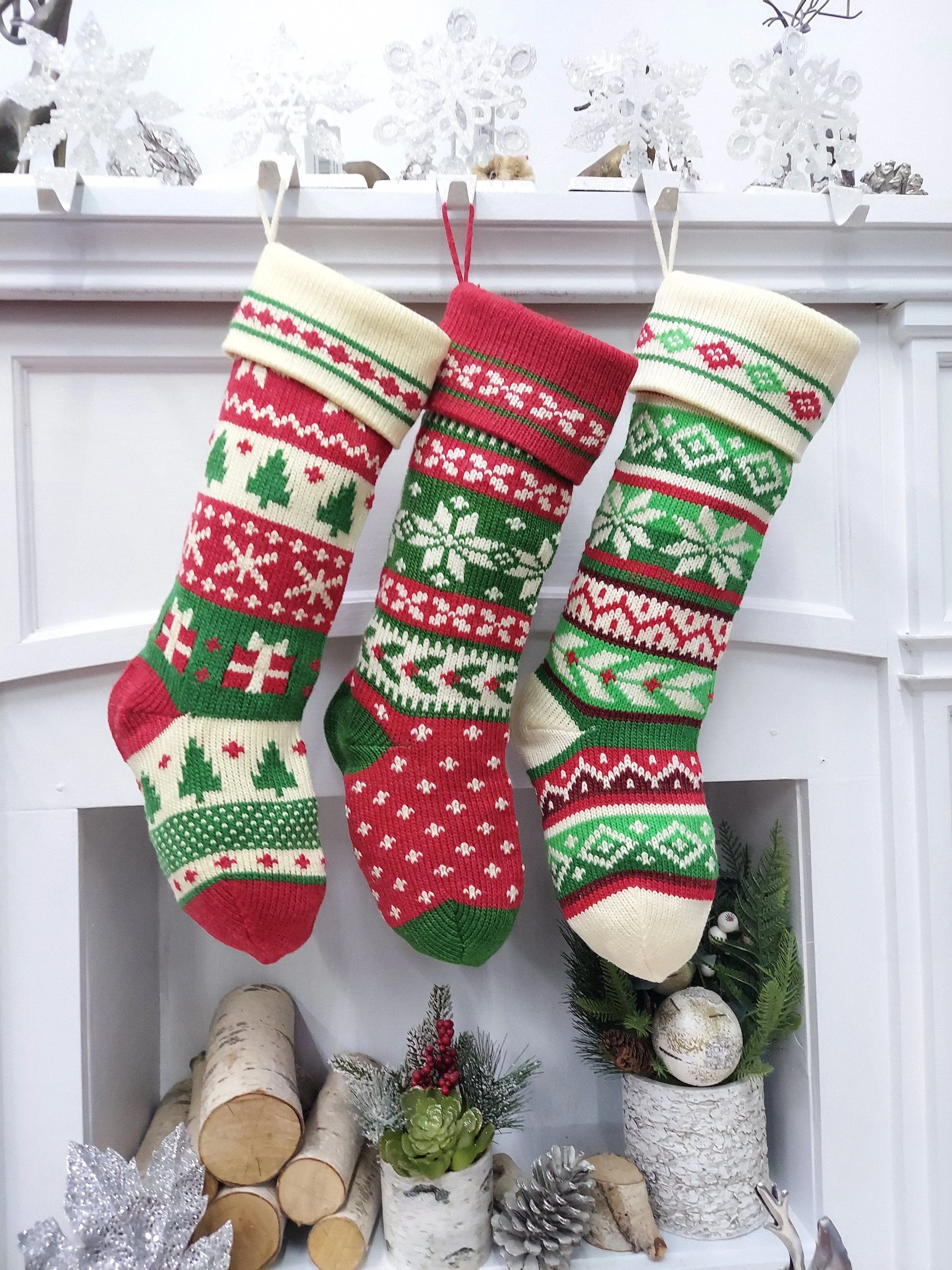 Ivory/Red/Green Knitted Christmas Stockings | Snowflakes Presents Tree Traditional Festive Fun Xmas Decor Personalized Embroidered Name