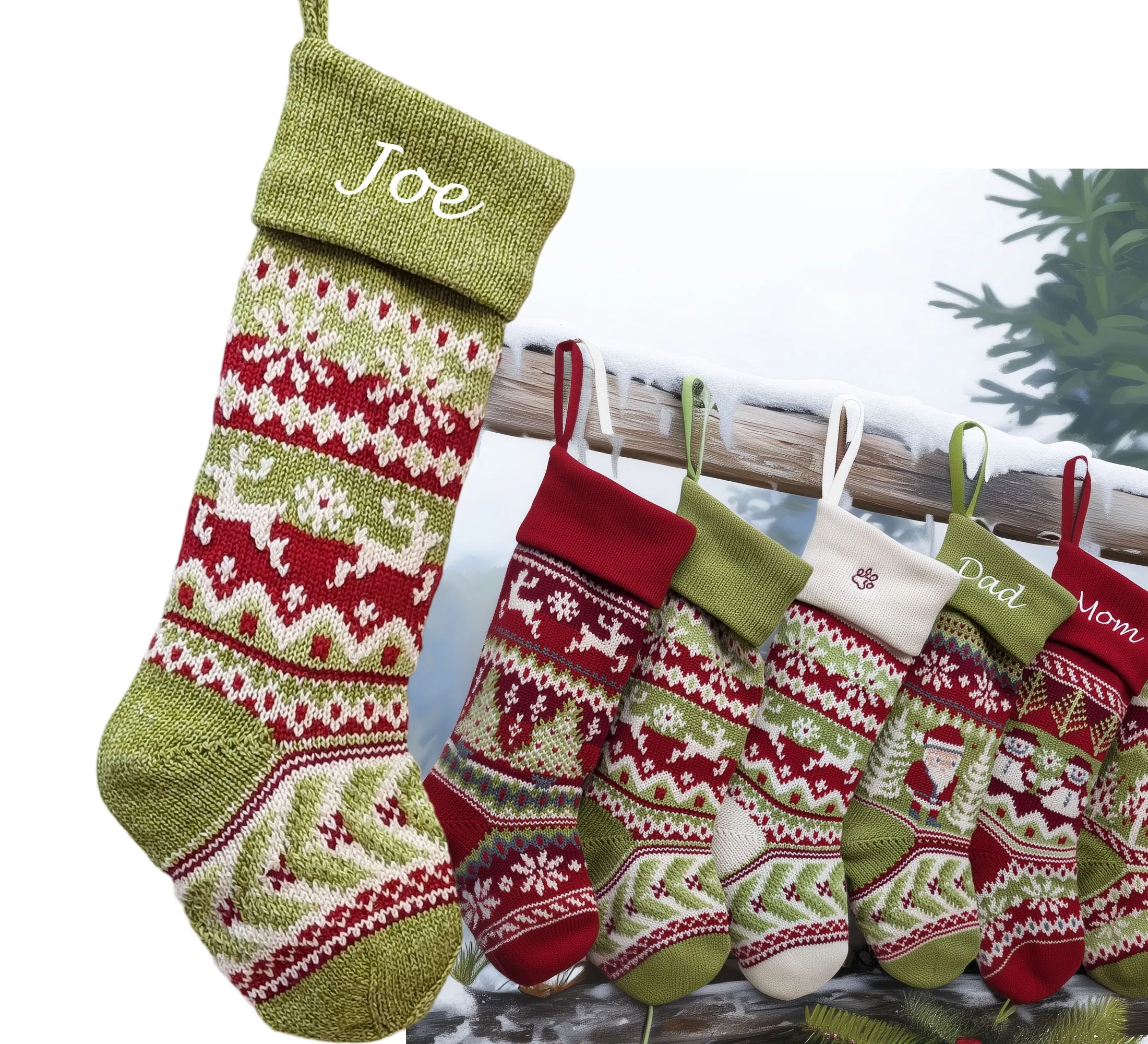 Knit Christmas Stockings Personalized 23" Fair Isle Knitted Deer, Snowflake, Santa, Snowman Custom Holiday Intarsia Family Names