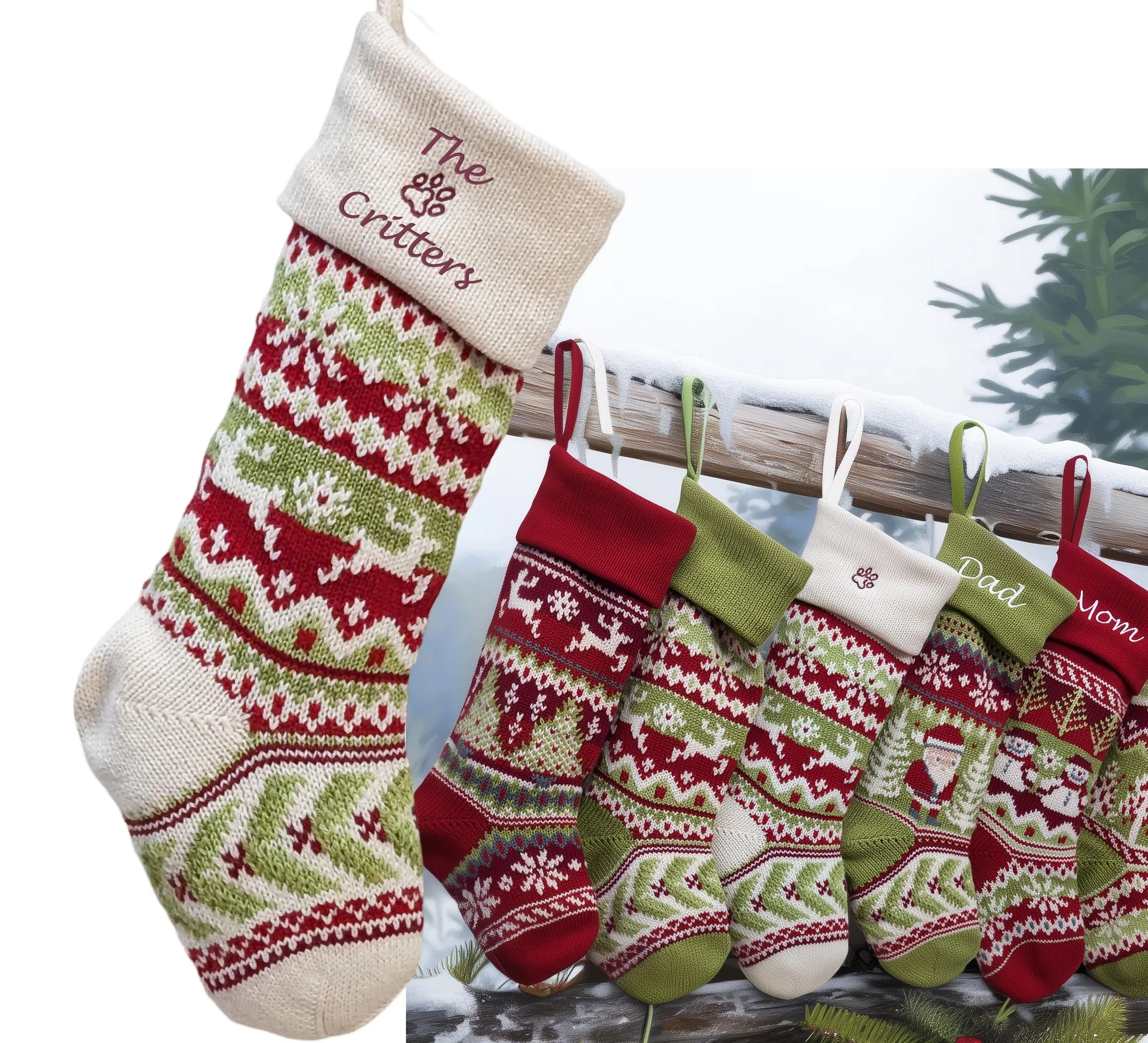 Knit Christmas Stockings Personalized 23" Fair Isle Knitted Deer, Snowflake, Santa, Snowman Custom Holiday Intarsia Family Names