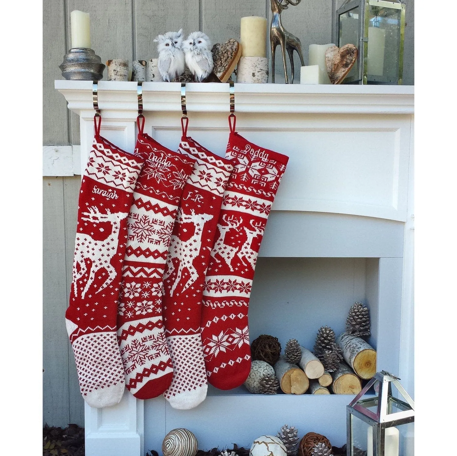 Knit Christmas Stockings - Red White - Reindeer or Snowflake Design Scandinavian Nordic Modern Holiday Theme Minimalist Look Custom  Long