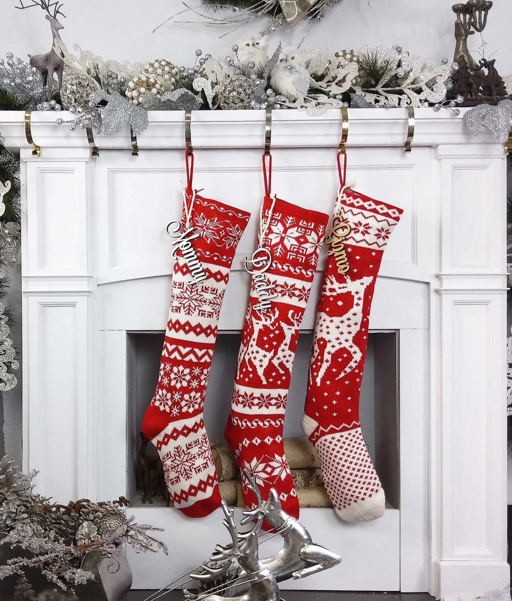 Knit Christmas Stockings - Red White - Reindeer or Snowflake Design Scandinavian Nordic Modern Holiday Theme Minimalist Look Custom  Long