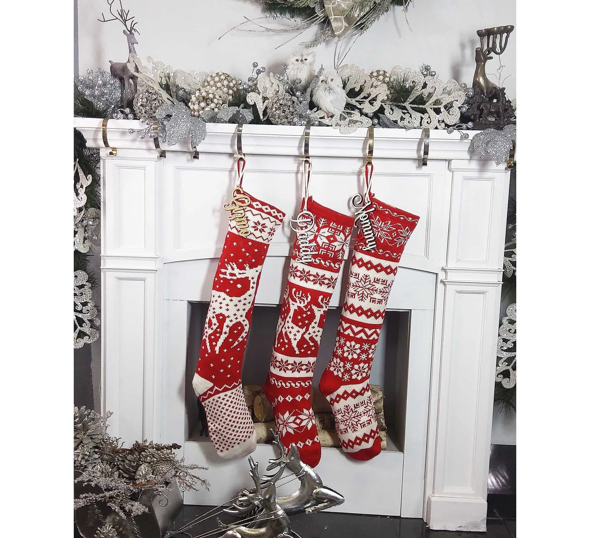 Knit Christmas Stockings - Red White - Reindeer or Snowflake Design Scandinavian Nordic Modern Holiday Theme Minimalist Look Custom  Long