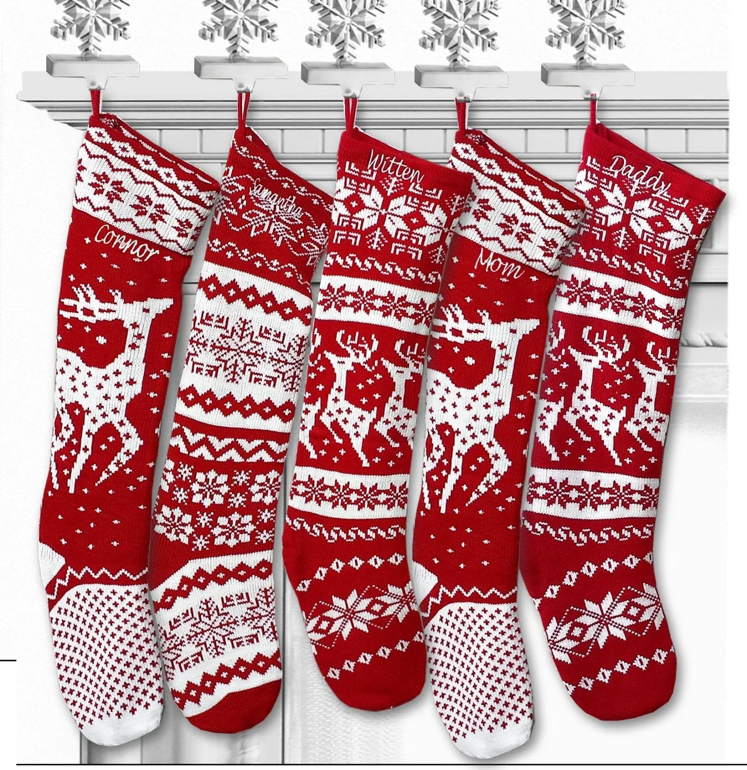 Knit Christmas Stockings - Red White - Reindeer or Snowflake Design Scandinavian Nordic Modern Holiday Theme Minimalist Look Custom  Long