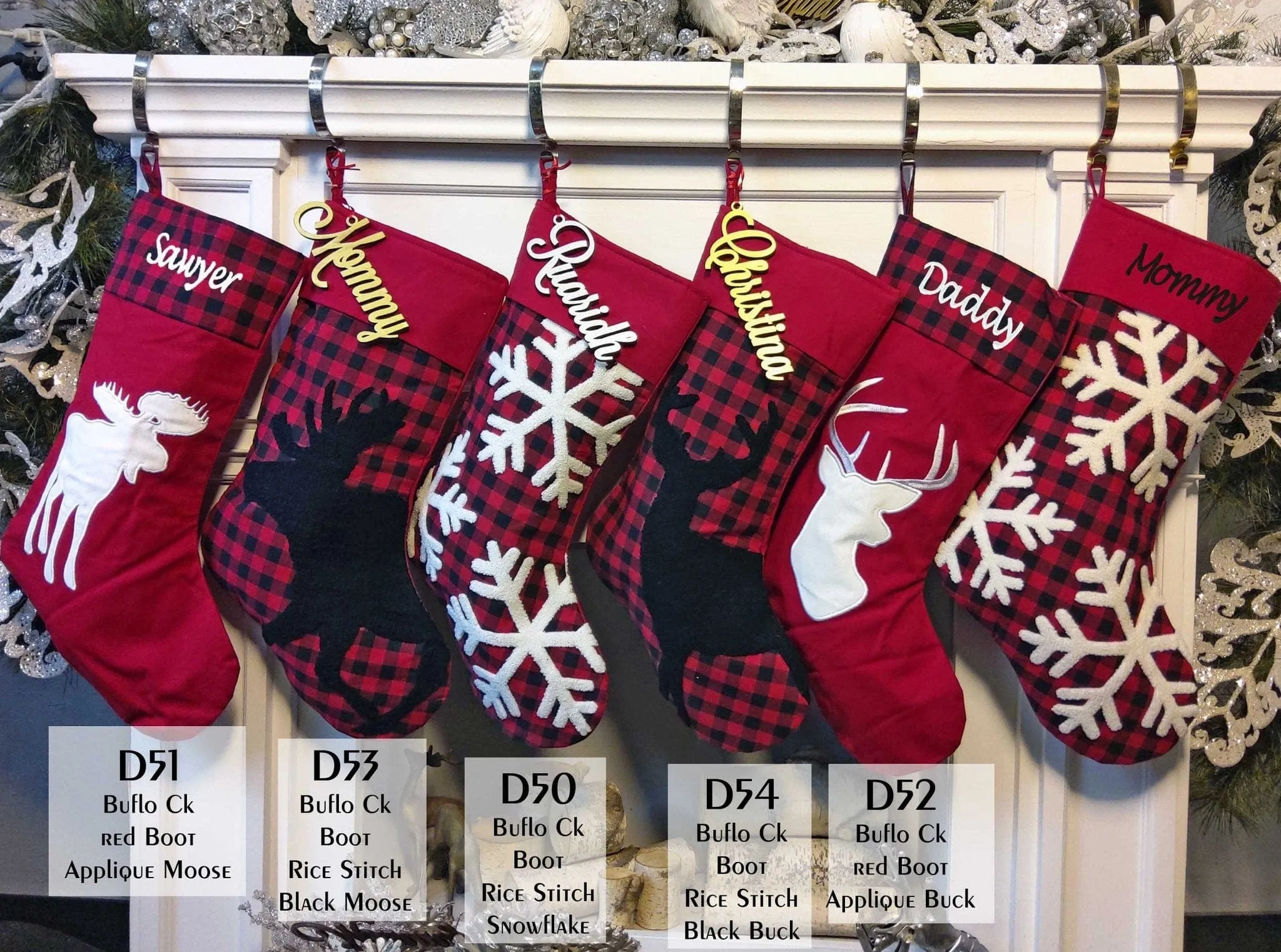 Modern Buffalo Check Plaid Red White Black Personalized Christmas Stockings Buck Deer Moose Snowflake Family Decor