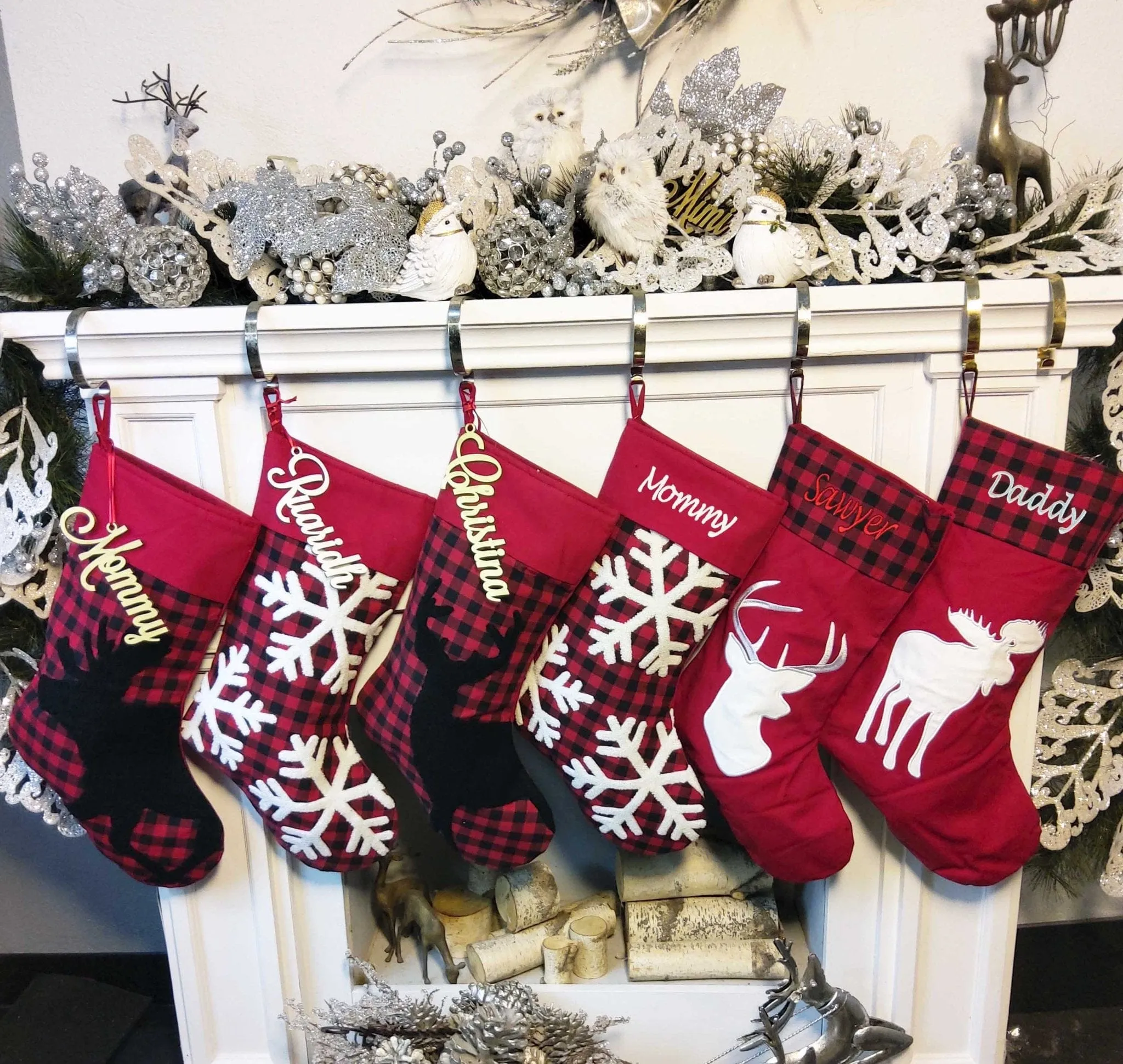 Modern Buffalo Check Plaid Red White Black Personalized Christmas Stockings Buck Deer Moose Snowflake Family Decor