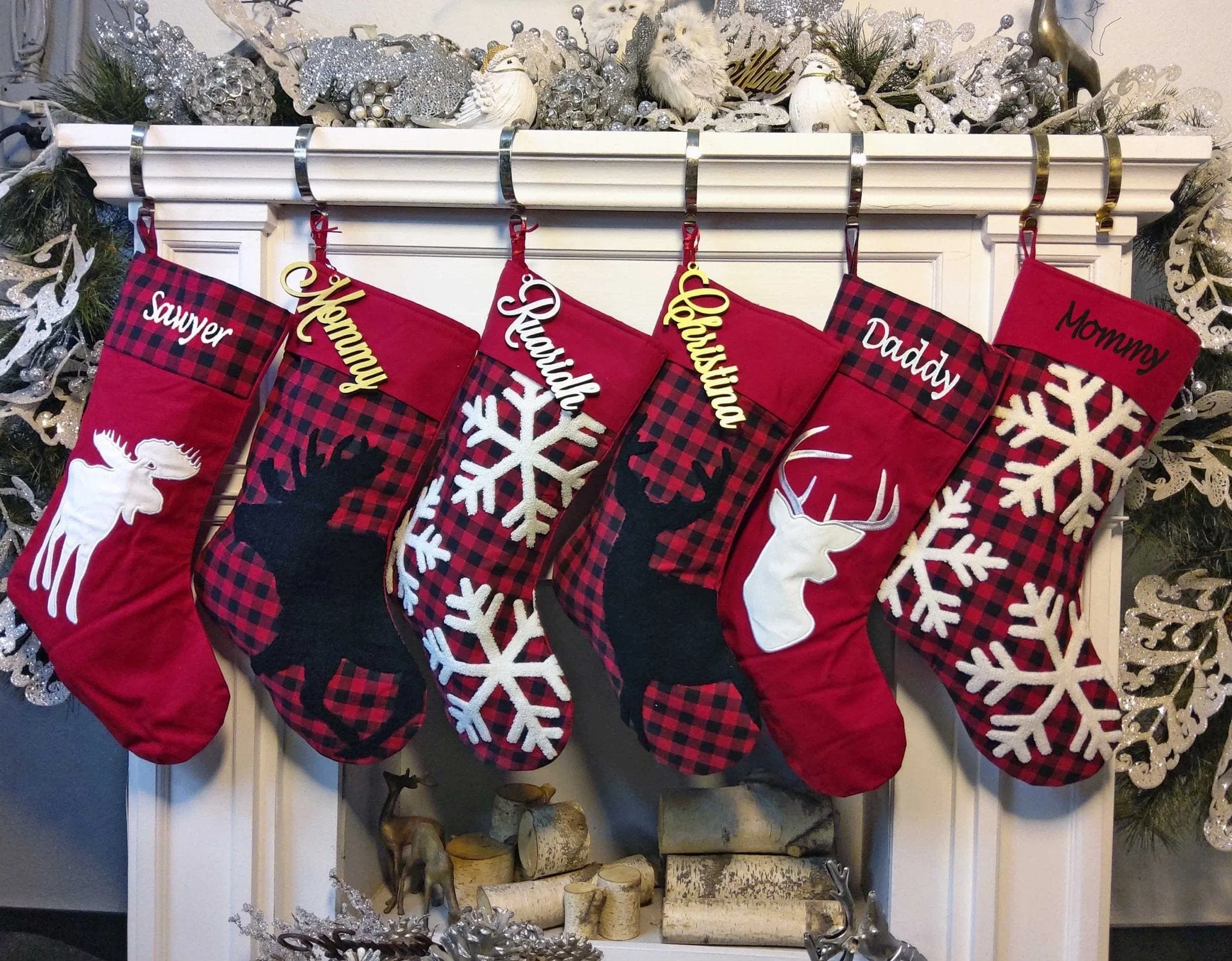 Modern Buffalo Check Plaid Red White Black Personalized Christmas Stockings Buck Deer Moose Snowflake Family Decor