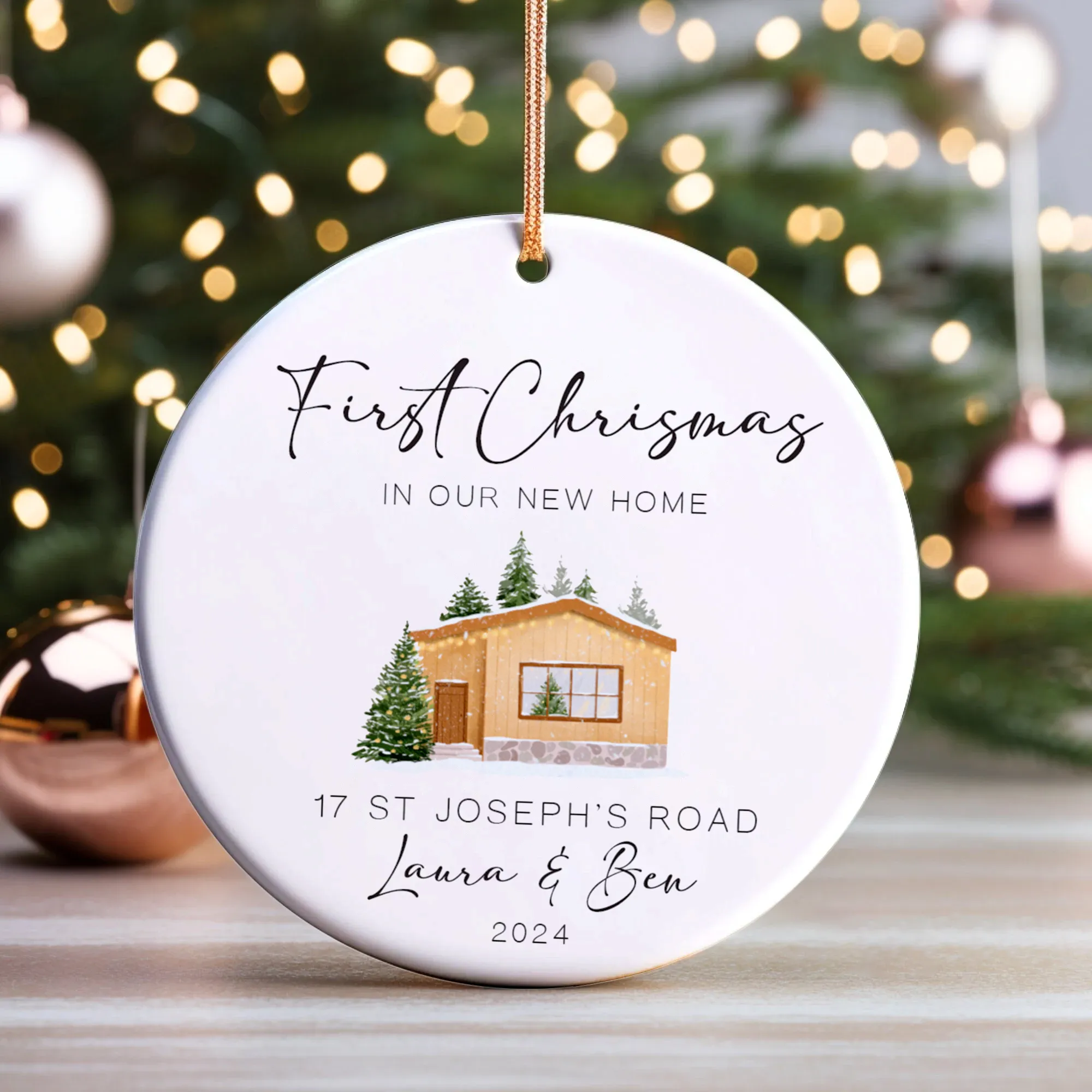 New Home Ornament, Christmas Wreath Ornament, Ceramic New Home Ornament, Personalized First Christmas New Home Ornament, Custom Ceramic Keepsake with Address, Names & Year, 3x3 Inch Christmas Decoration CX02-12