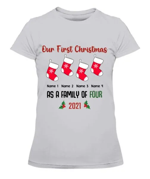 Our Family First Christmas Personalized Graphic Apparel - Design and Names can be customized