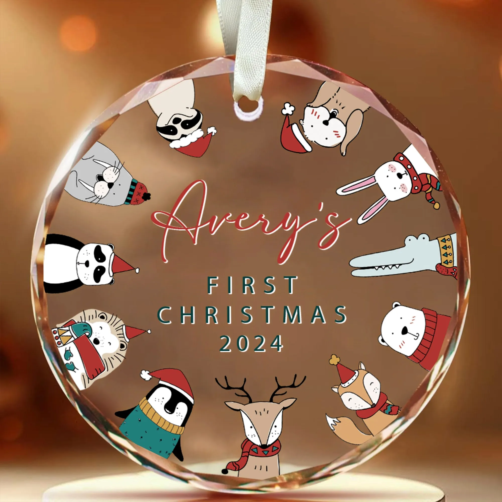 Personalized Baby's First Christmas Glass Ornament, Personalized Woodland Creatures, Baby Deer Ornament, Holiday Keepsake Ornament, New Baby Gift, 2024 Custom Baby Ornament GX02-17