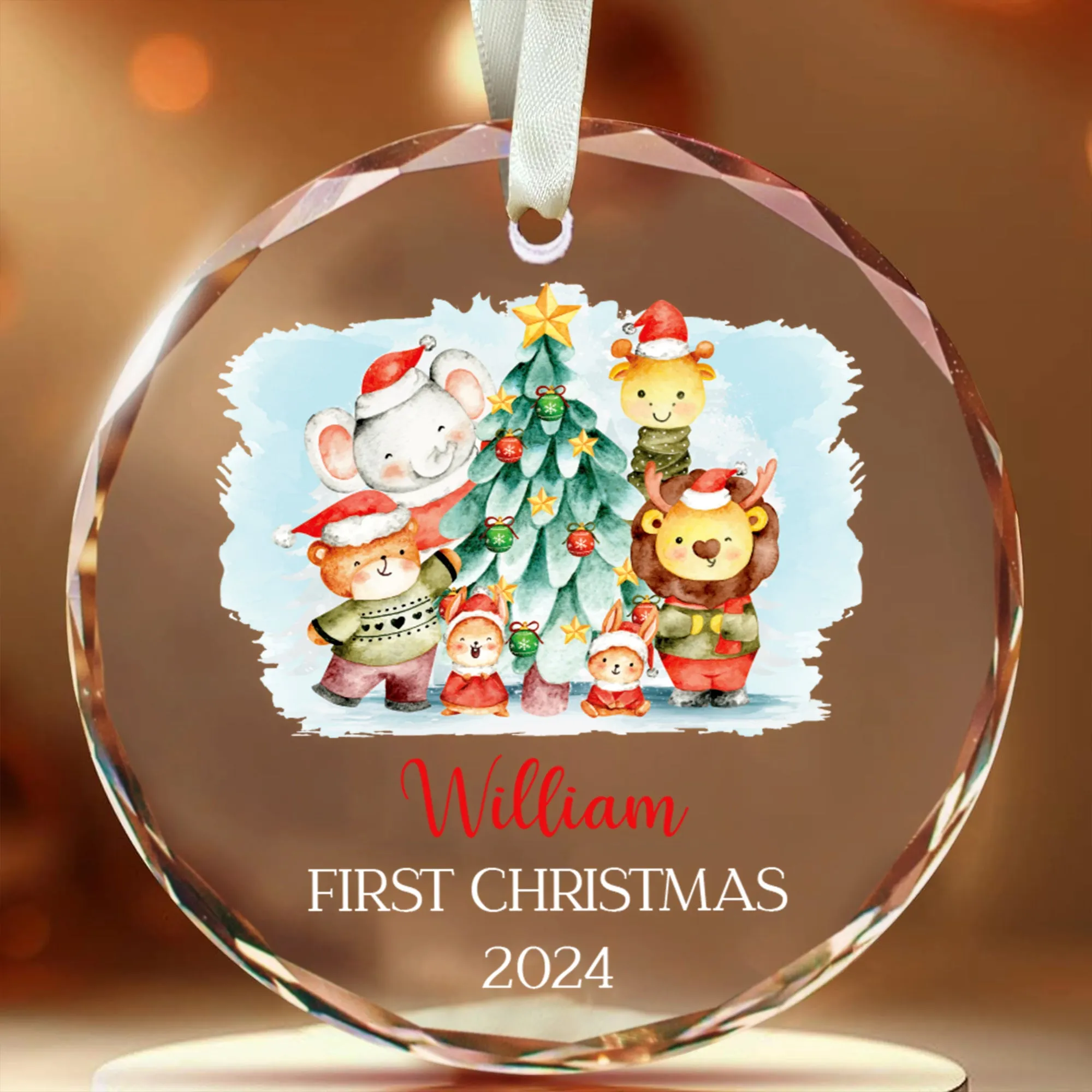 Personalized Baby's First Christmas Glass Ornament, Personalized Woodland Creatures, Baby Deer Ornament, Holiday Keepsake Ornament, New Baby Gift, 2024 Custom Baby Ornament GX02-20